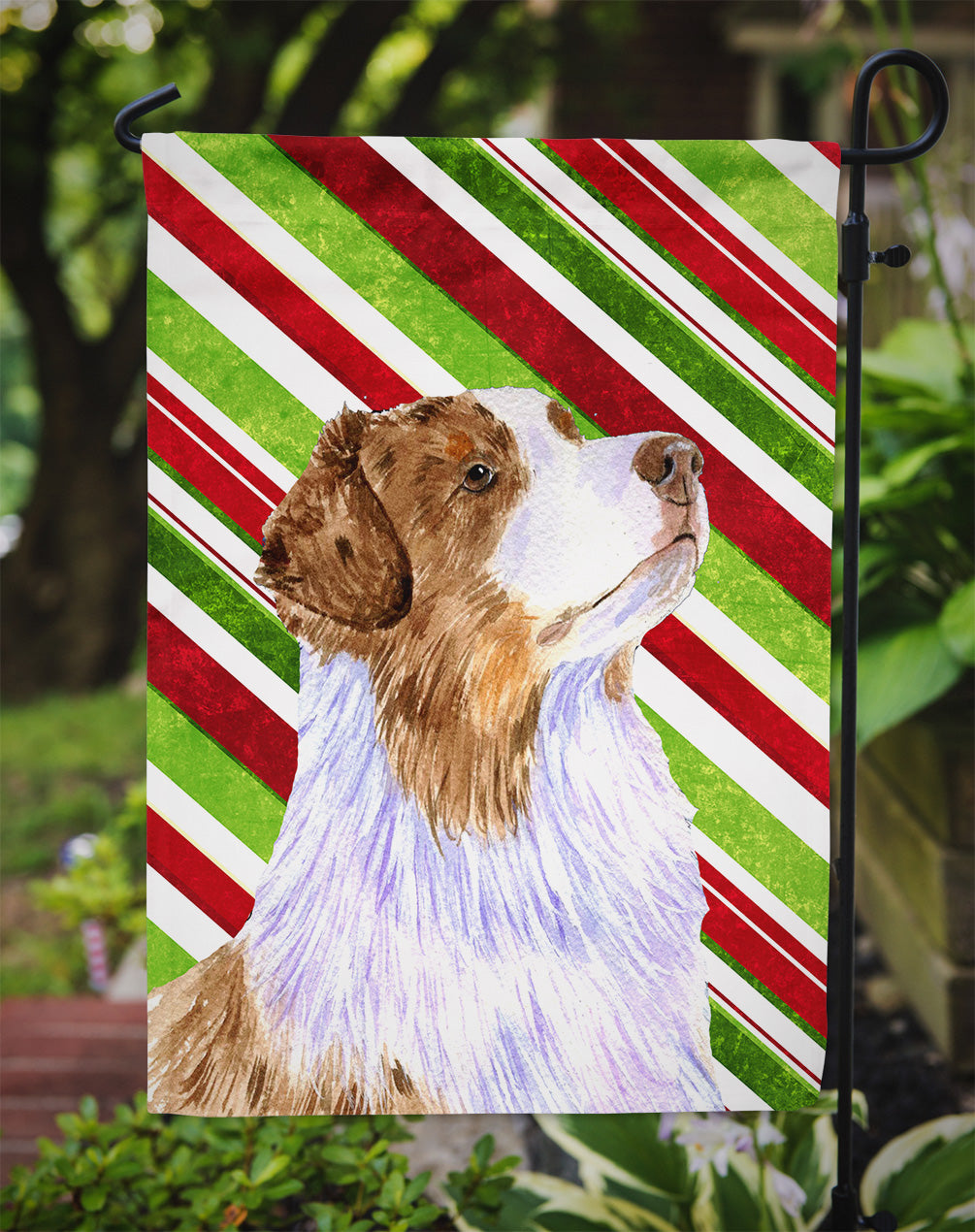 Australian Shepherd Candy Cane Holiday Christmas  Flag Garden Size.