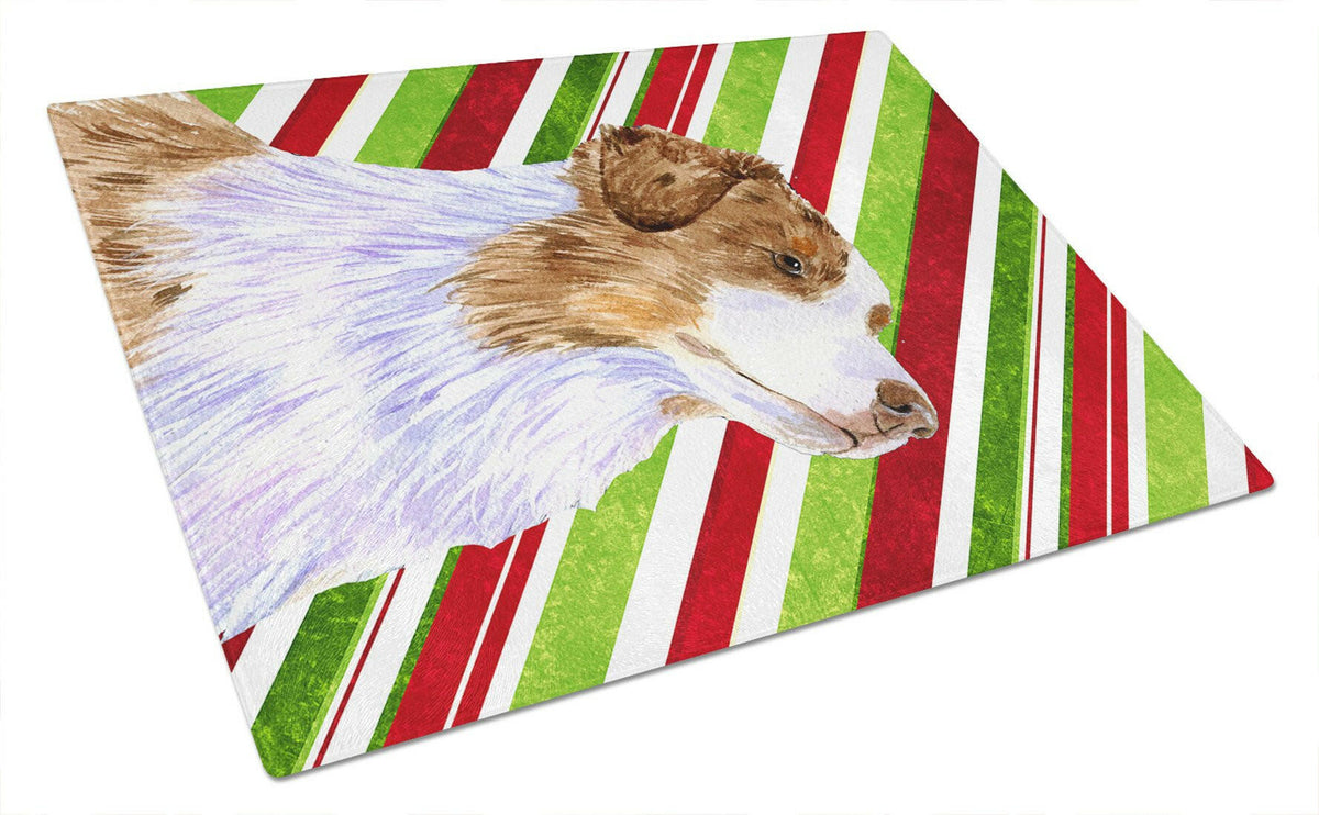 Australian Shepherd Candy Cane Holiday Christmas Glass Cutting Board Large by Caroline&#39;s Treasures