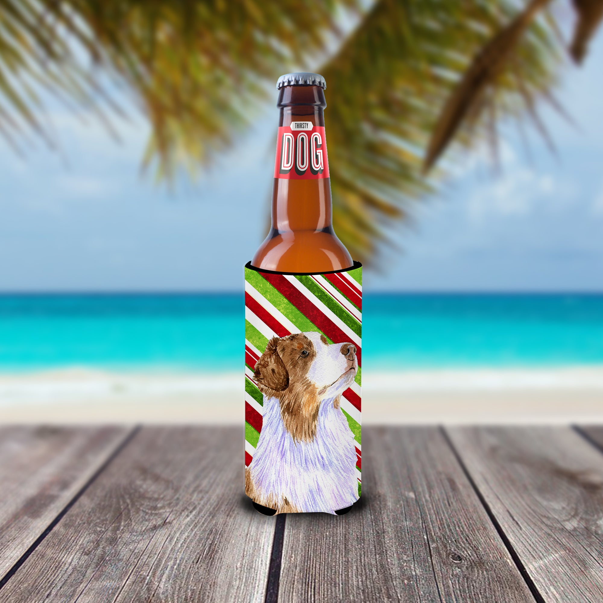 Australian Shepherd Candy Cane Holiday Christmas Ultra Beverage Insulators for slim cans LH9228MUK.