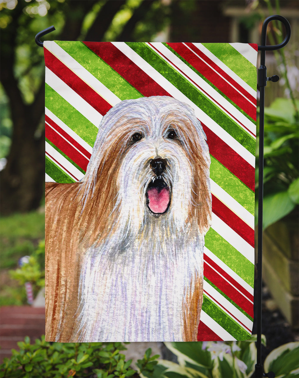 Bearded Collie Candy Cane Holiday Christmas  Flag Garden Size.