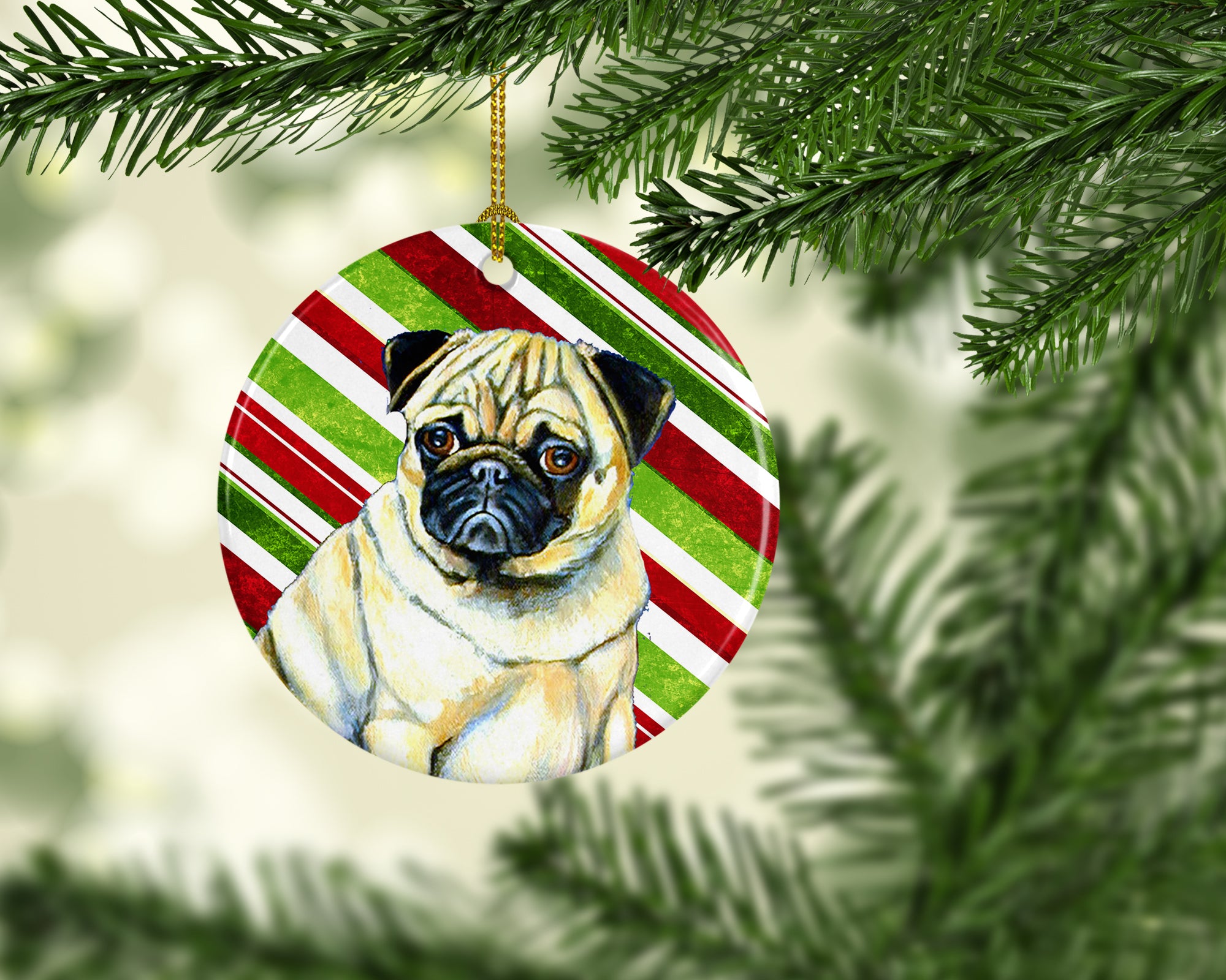 Pug Candy Cane Holiday Christmas Ceramic Ornament LH9252 - the-store.com