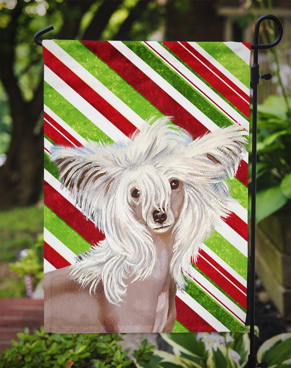 Chinese Crested Candy Cane Holiday Christmas  Flag Garden Size.