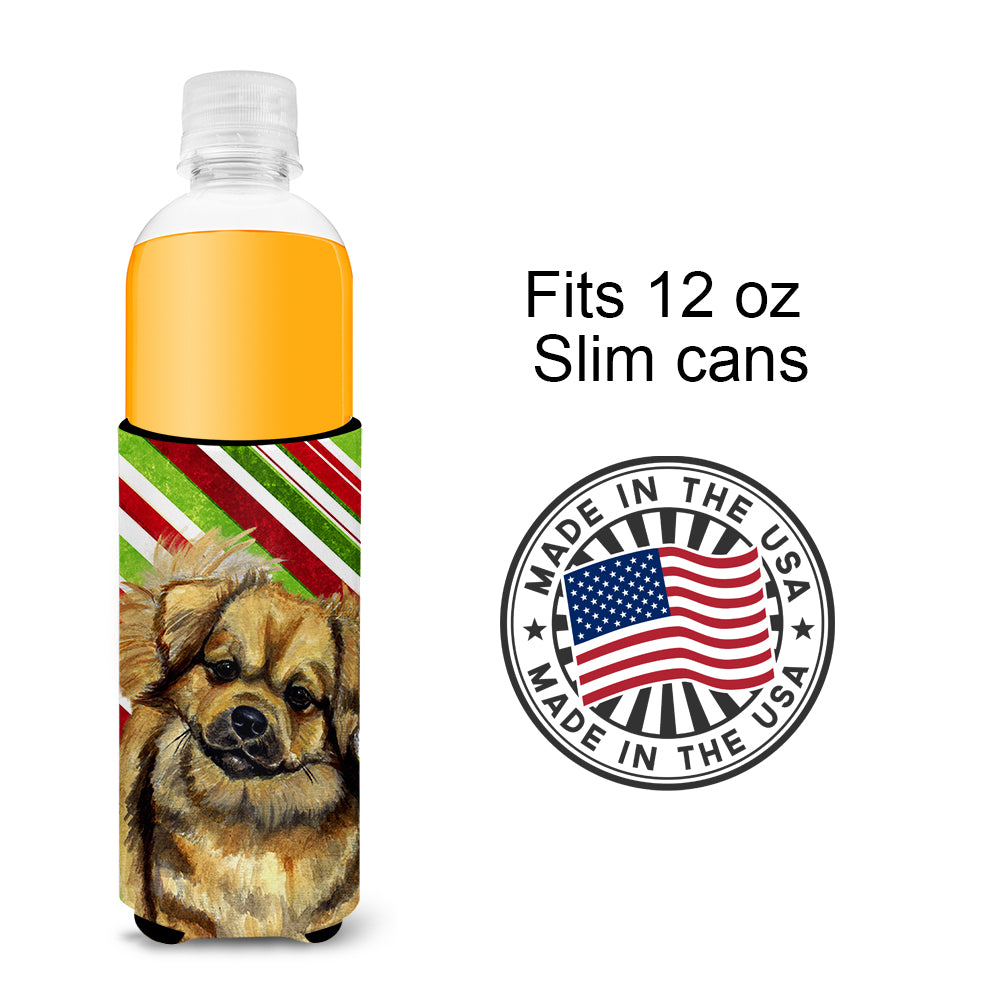 Tibetan Spaniel Candy Cane Holiday Christmas Ultra Beverage Insulators for slim cans LH9259MUK.