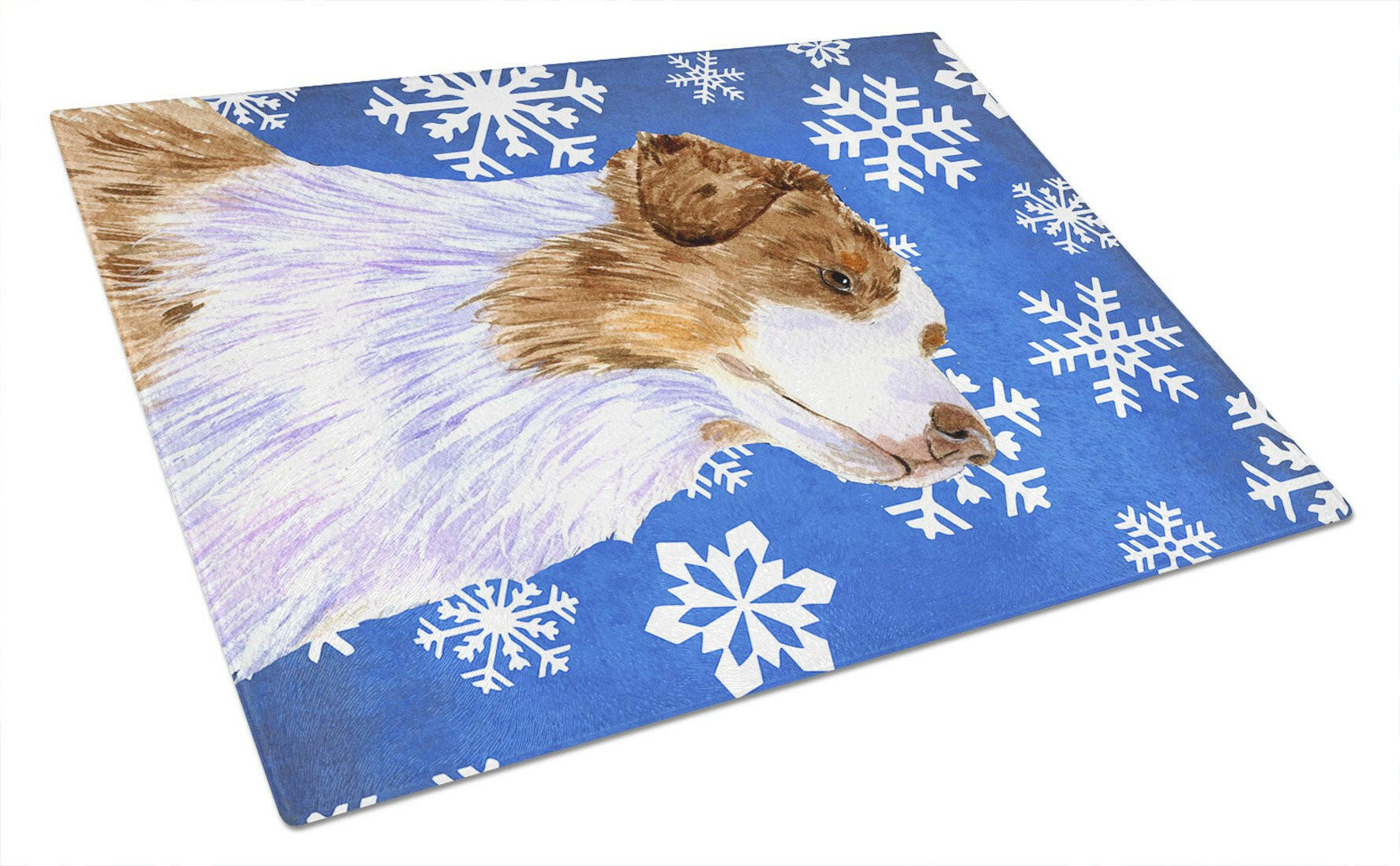 Australian Shepherd Winter Snowflakes Holiday Glass Cutting Board Large by Caroline's Treasures