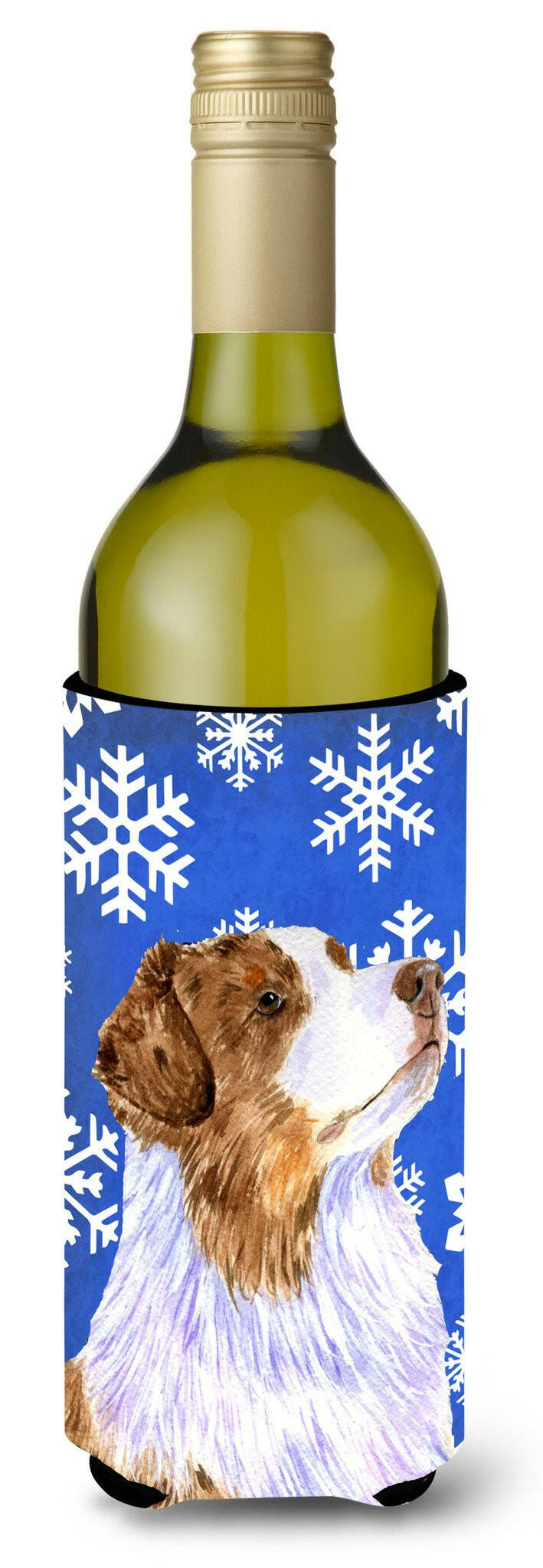 Australian Shepherd Winter Snowflakes Holiday Wine Bottle Beverage Insulator Beverage Insulator Hugger by Caroline's Treasures