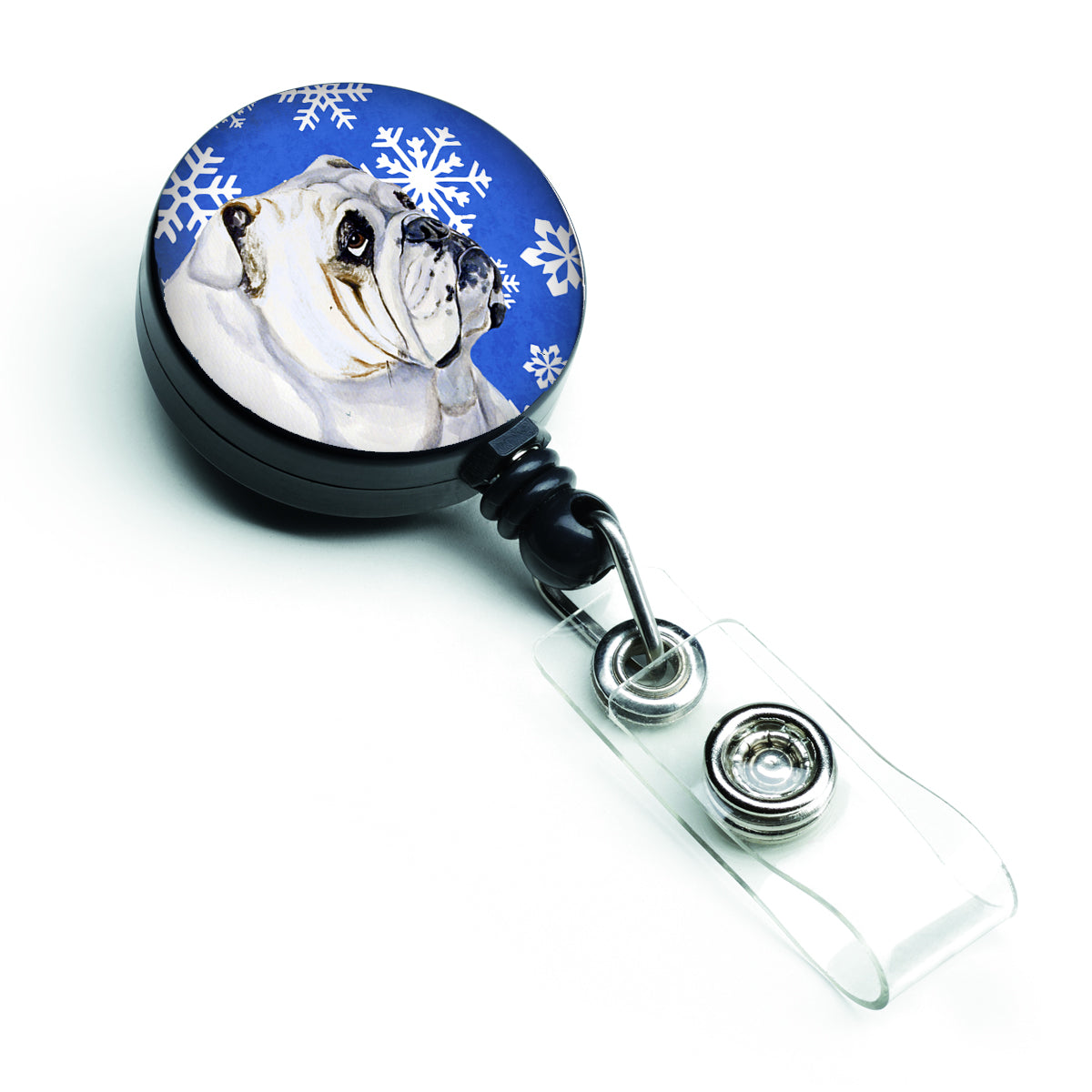 Bulldog English Winter Snowflakes Holiday Retractable Badge Reel LH9274BR  the-store.com.