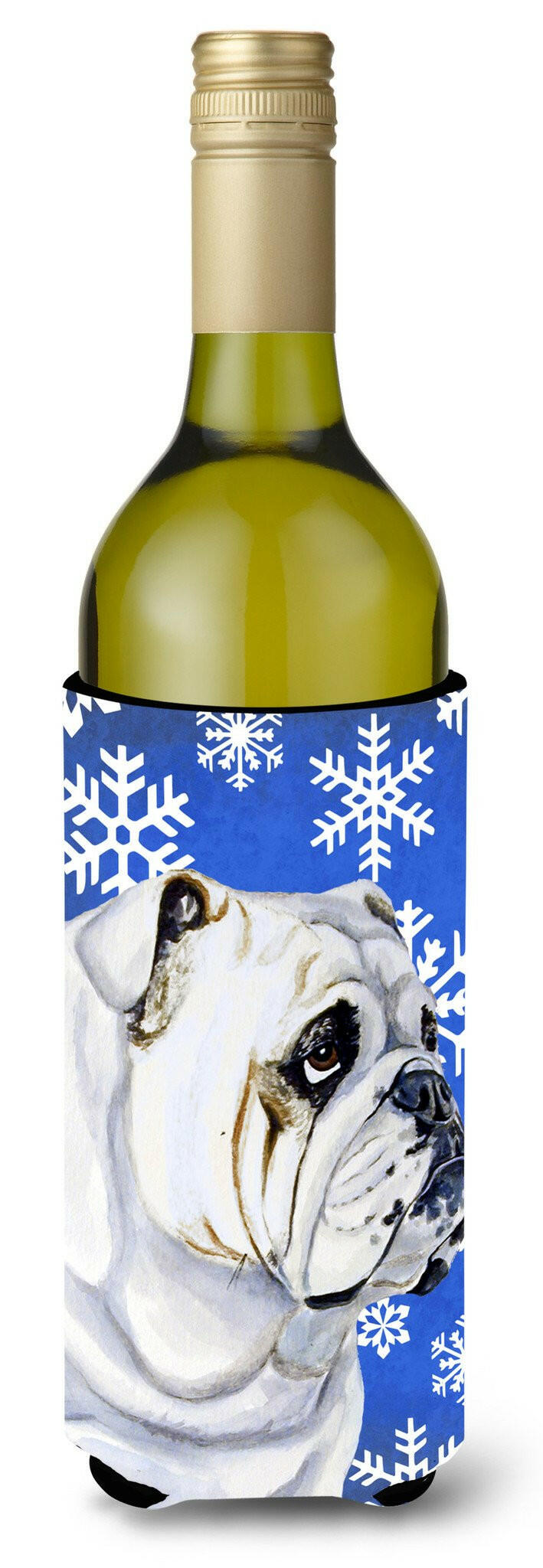 Bulldog English Winter Snowflakes Holiday Wine Bottle Beverage Insulator Beverage Insulator Hugger by Caroline&#39;s Treasures