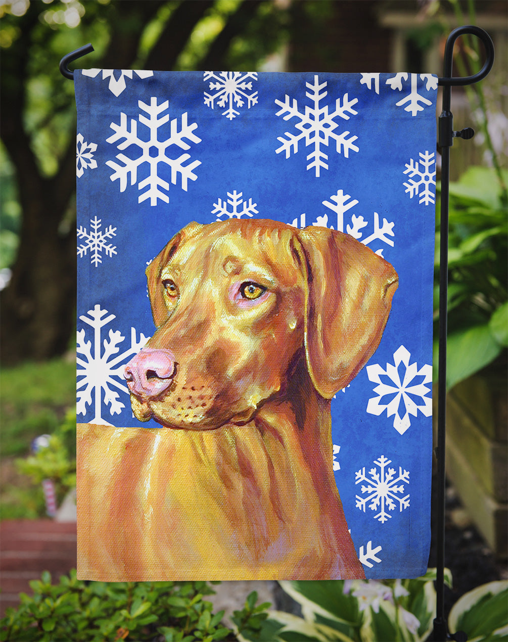 Vizsla Winter Snowflakes Holiday Flag Garden Size.