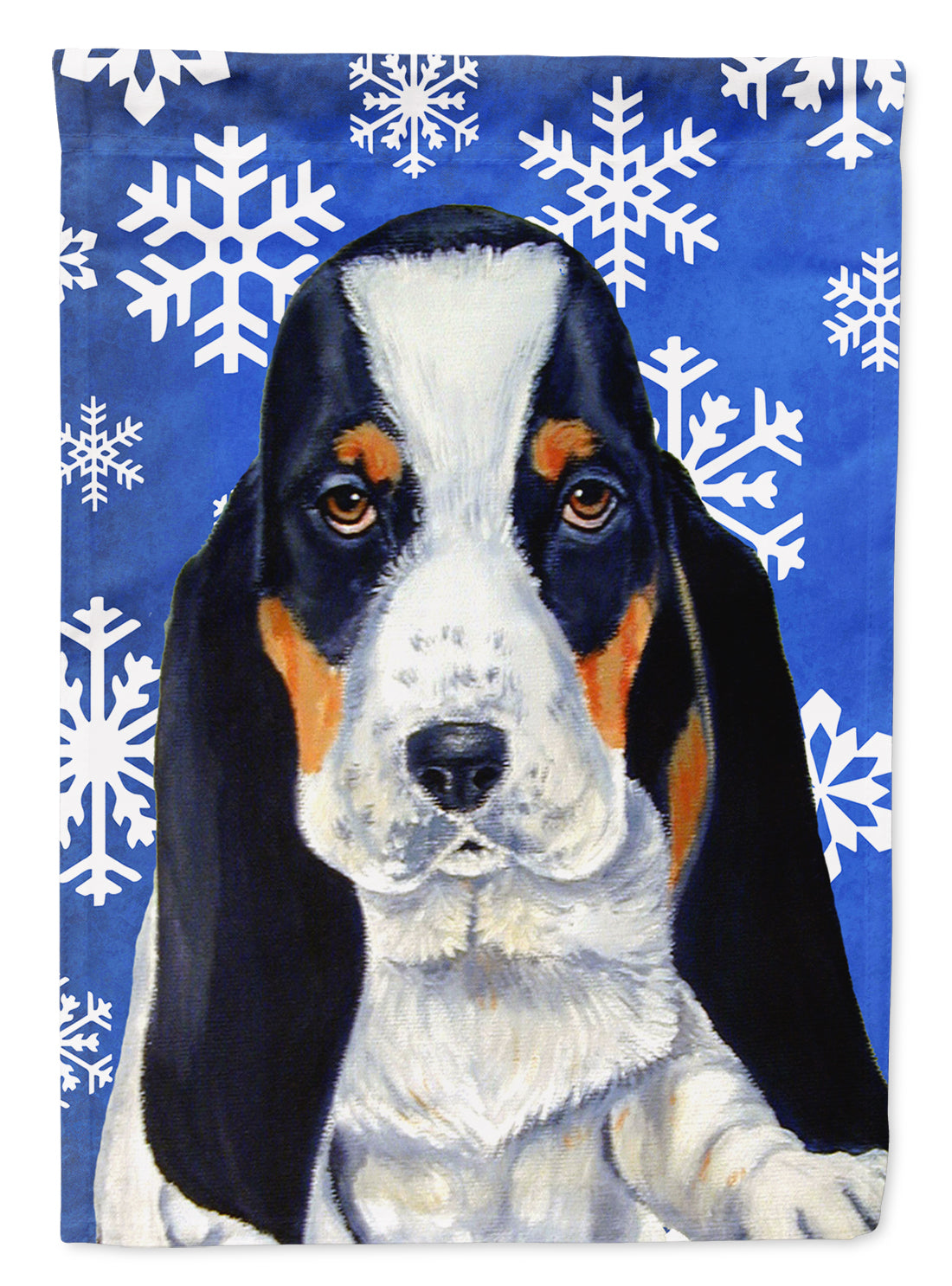 Basset Hound Winter Snowflakes Holiday Flag Garden Size.