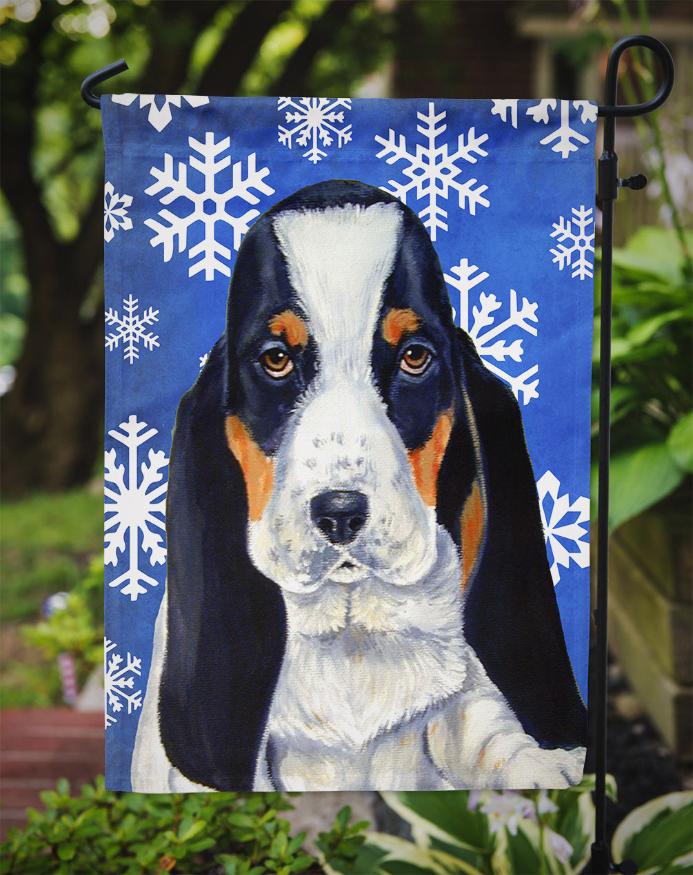 Basset Hound Winter Snowflakes Holiday Flag Garden Size.