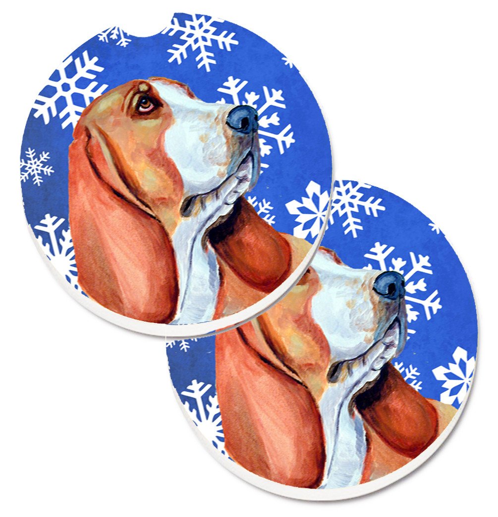 Basset Hound Winter Snowflakes Holiday Set of 2 Cup Holder Car Coasters LH9287CARC by Caroline&#39;s Treasures