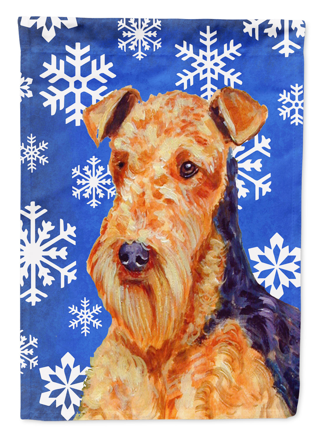 Airedale Winter Snowflakes Holiday Flag Garden Size.