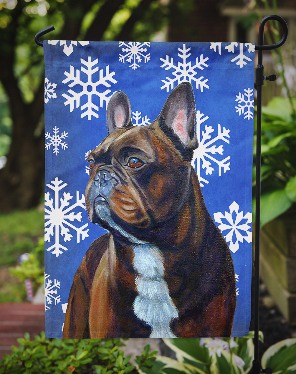 French Bulldog Winter Snowflakes Holiday Flag Garden Size.