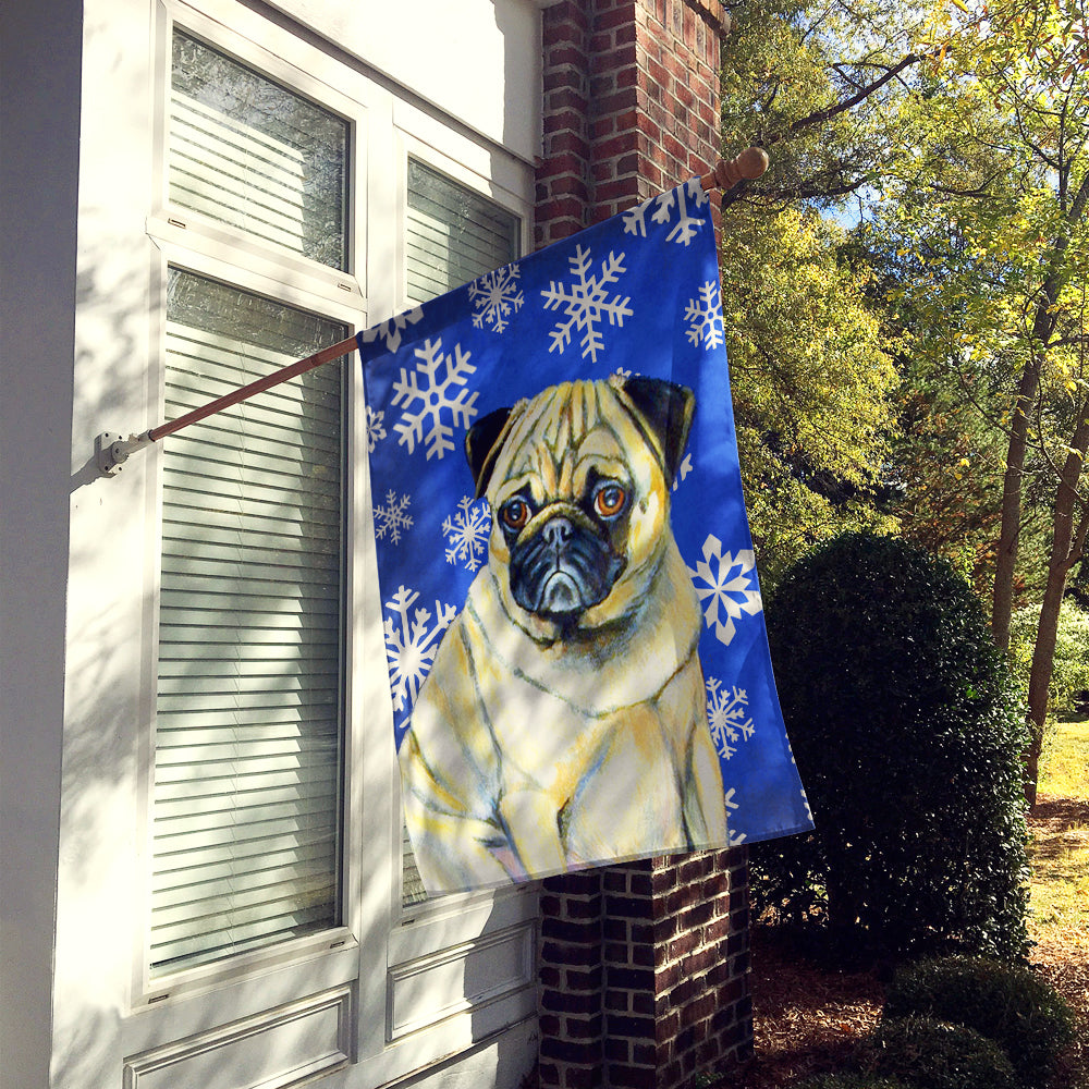 Pug Winter Snowflakes Holiday Flag Canvas House Size  the-store.com.