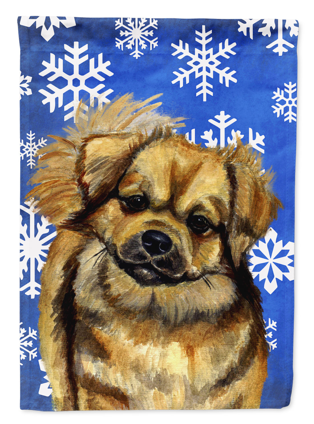 Tibetan Spaniel Winter Snowflakes Holiday Flag Canvas House Size  the-store.com.