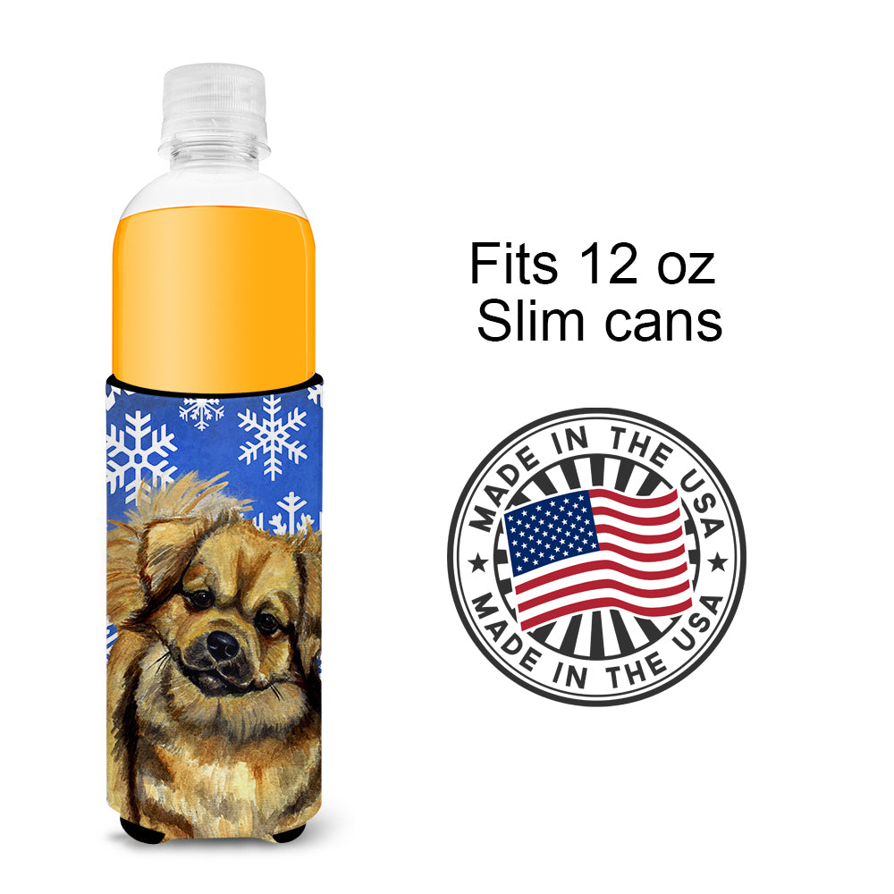 Tibetan Spaniel Winter Snowflakes Holiday Ultra Beverage Insulators for slim cans LH9304MUK.