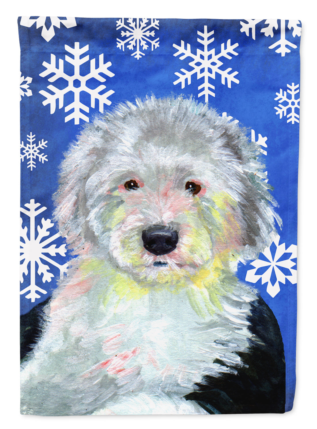 Old English Sheepdog Winter Snowflakes Holiday Flag Garden Size.