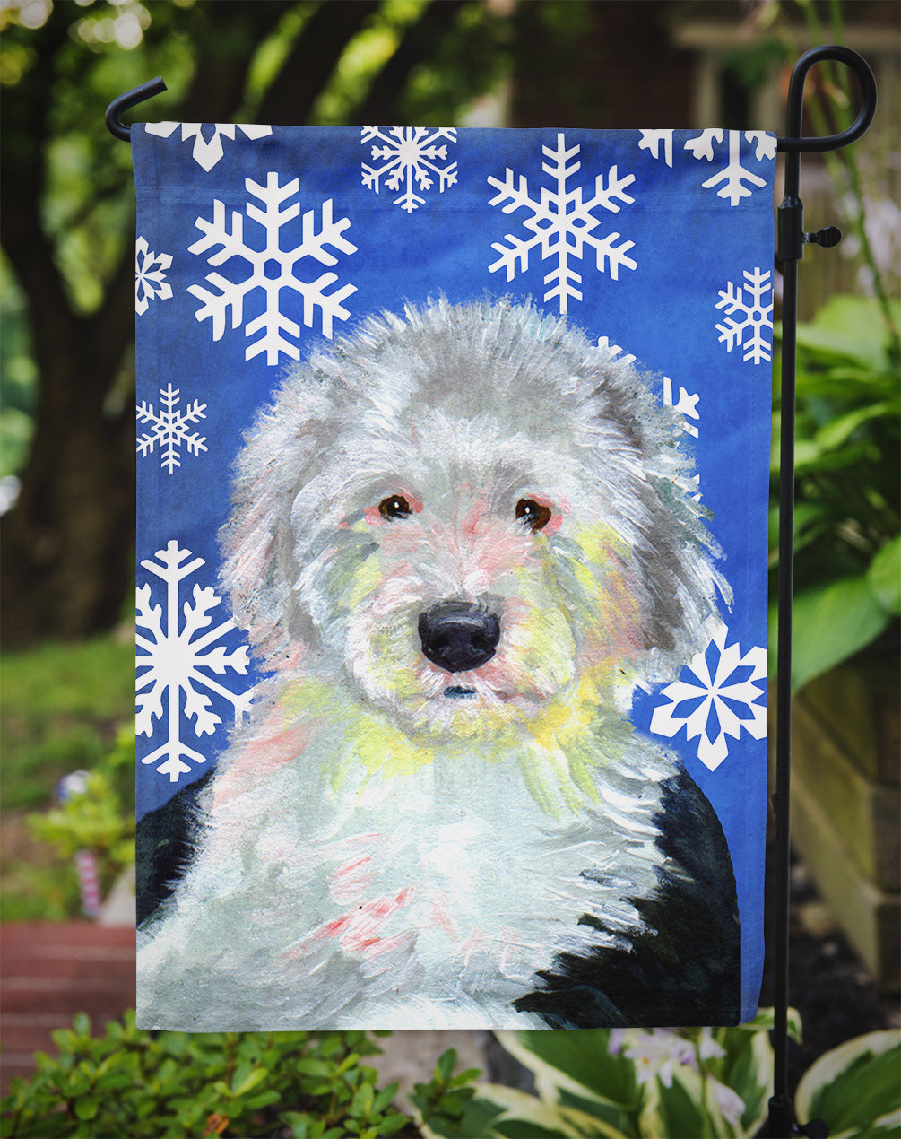 Old English Sheepdog Winter Snowflakes Holiday Flag Garden Size.