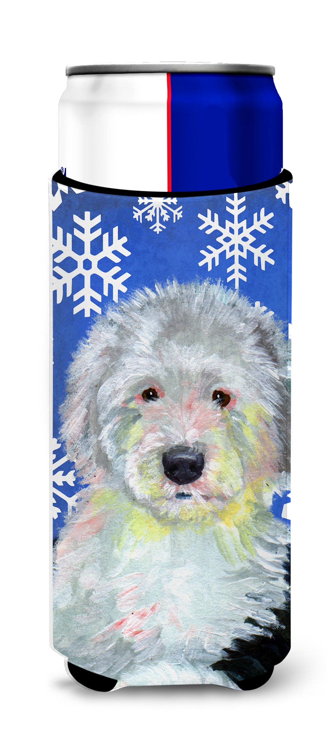 Old English Sheepdog Winter Snowflakes Holiday Ultra Beverage Insulators for slim cans LH9306MUK.