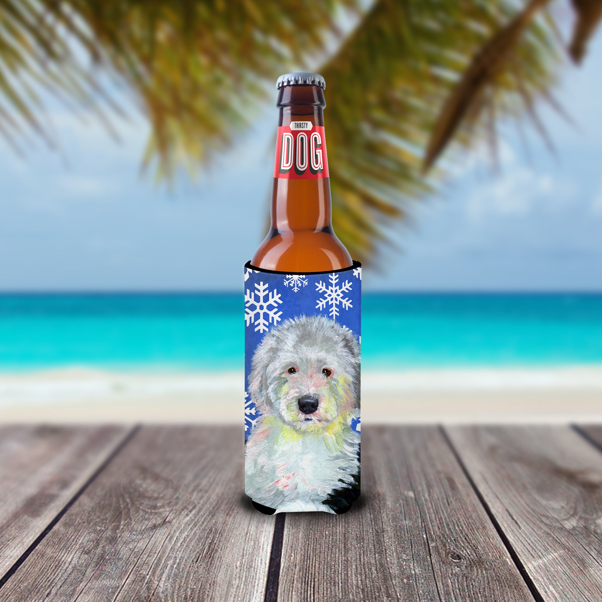 Old English Sheepdog Winter Snowflakes Holiday Ultra Beverage Insulators for slim cans LH9306MUK.