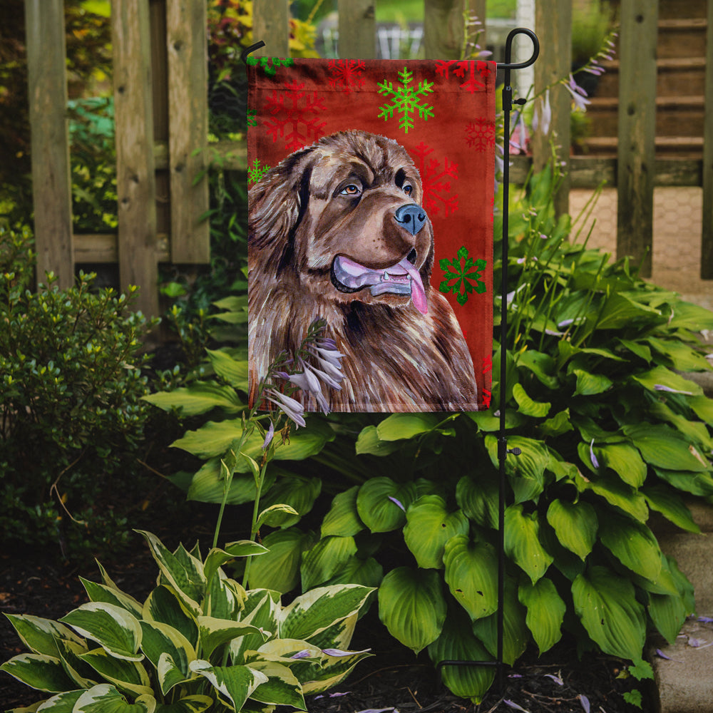 Newfoundland Red and Green Snowflakes Holiday Christmas Flag Garden Size.