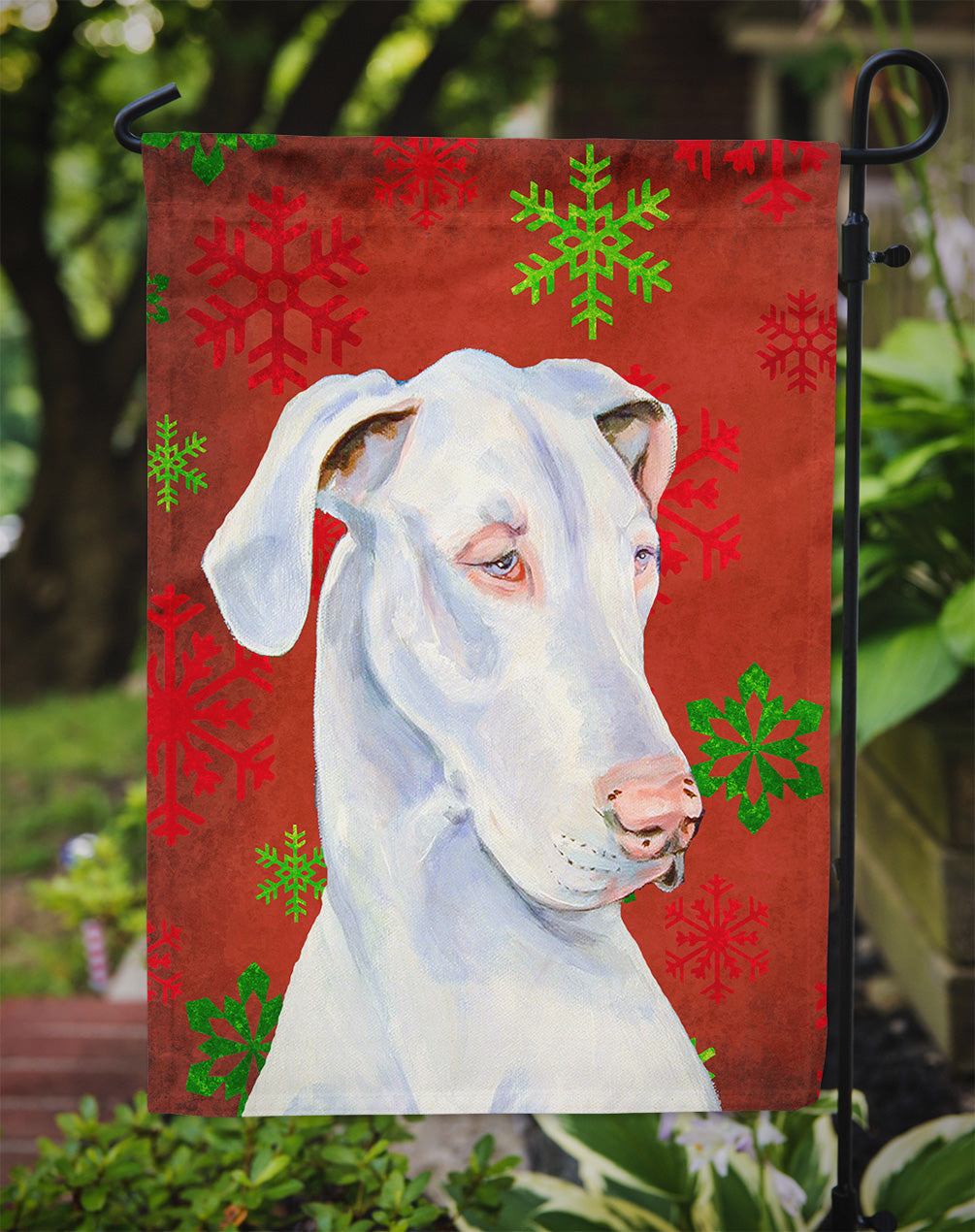 Great Dane Red and Green Snowflakes Holiday Christmas Flag Garden Size.