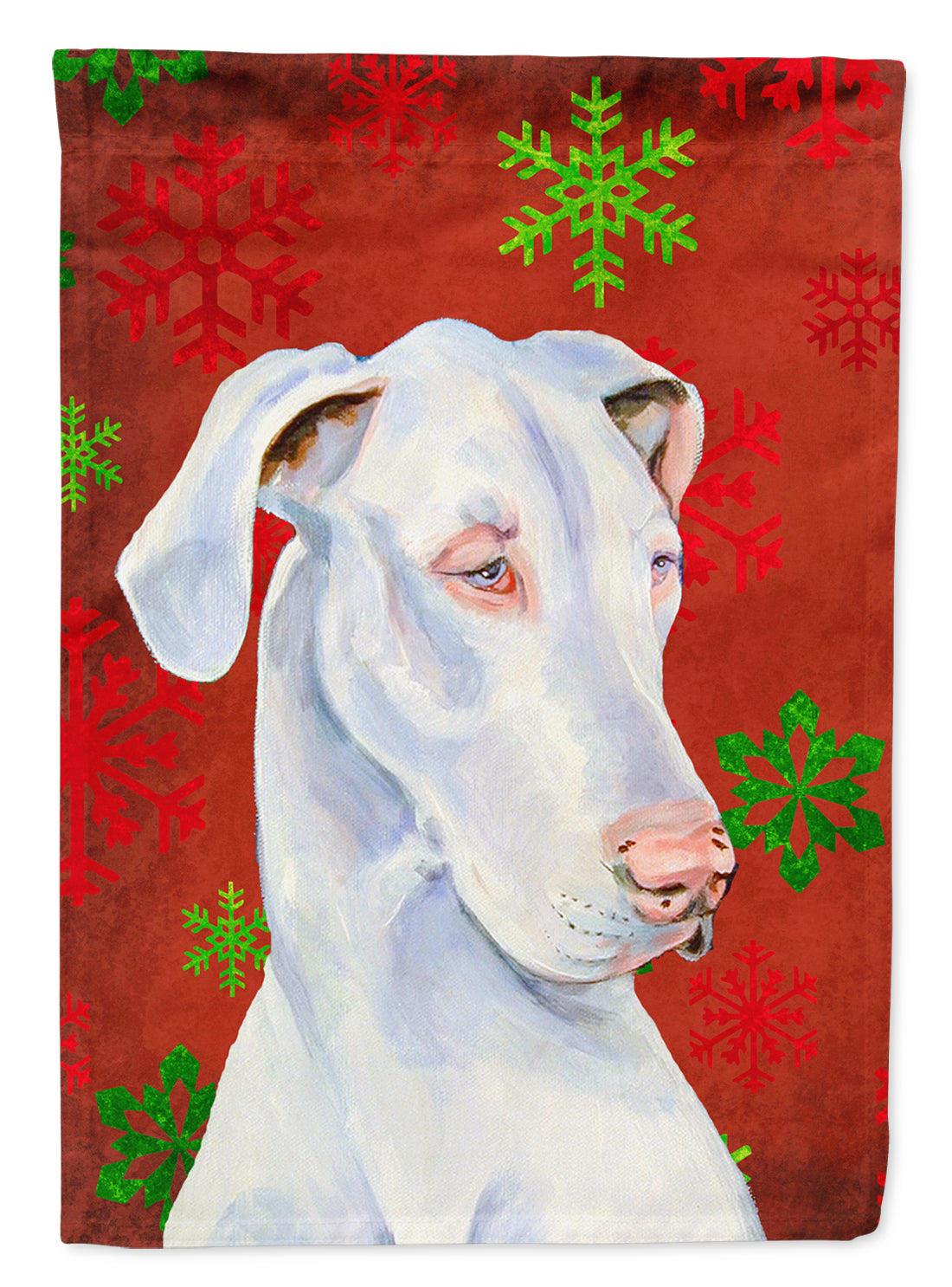 Great Dane Red and Green Snowflakes Holiday Christmas Flag Garden Size.