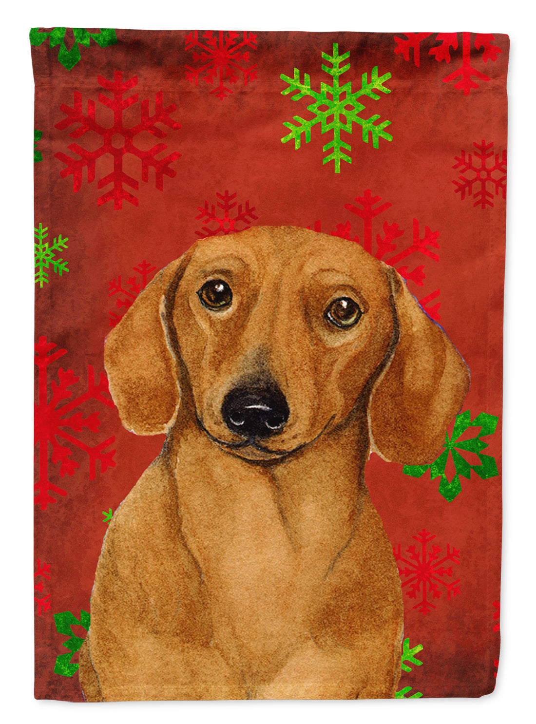 Dachshund Red and Green Snowflakes Holiday Christmas Flag Garden Size.