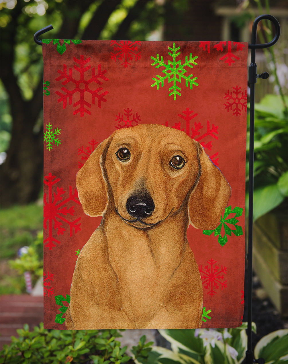 Dachshund Red and Green Snowflakes Holiday Christmas Flag Garden Size.