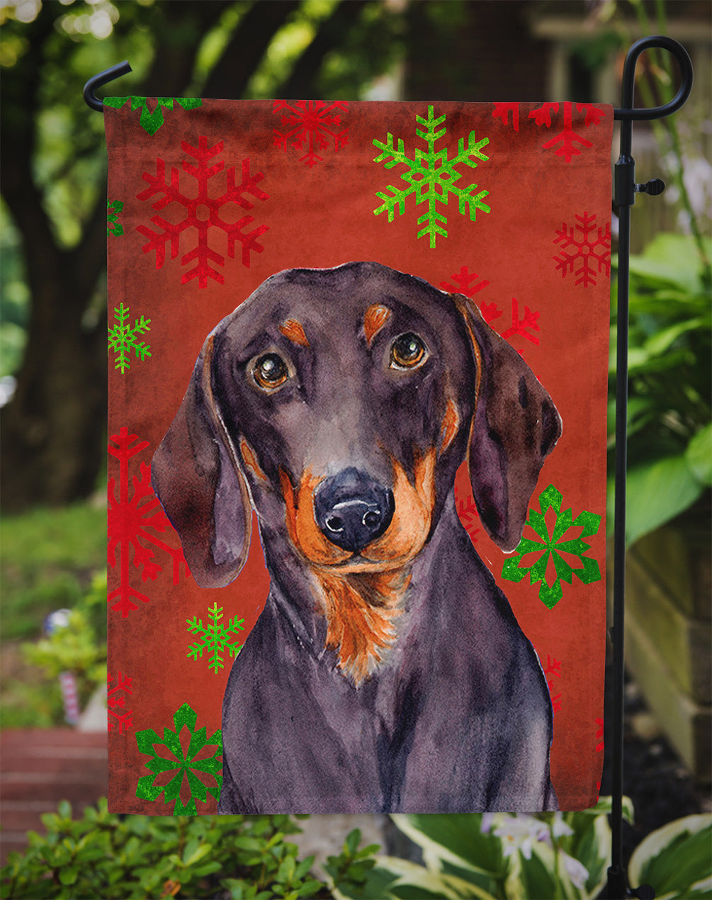 Dachshund Red and Green Snowflakes Holiday Christmas Flag Garden Size.