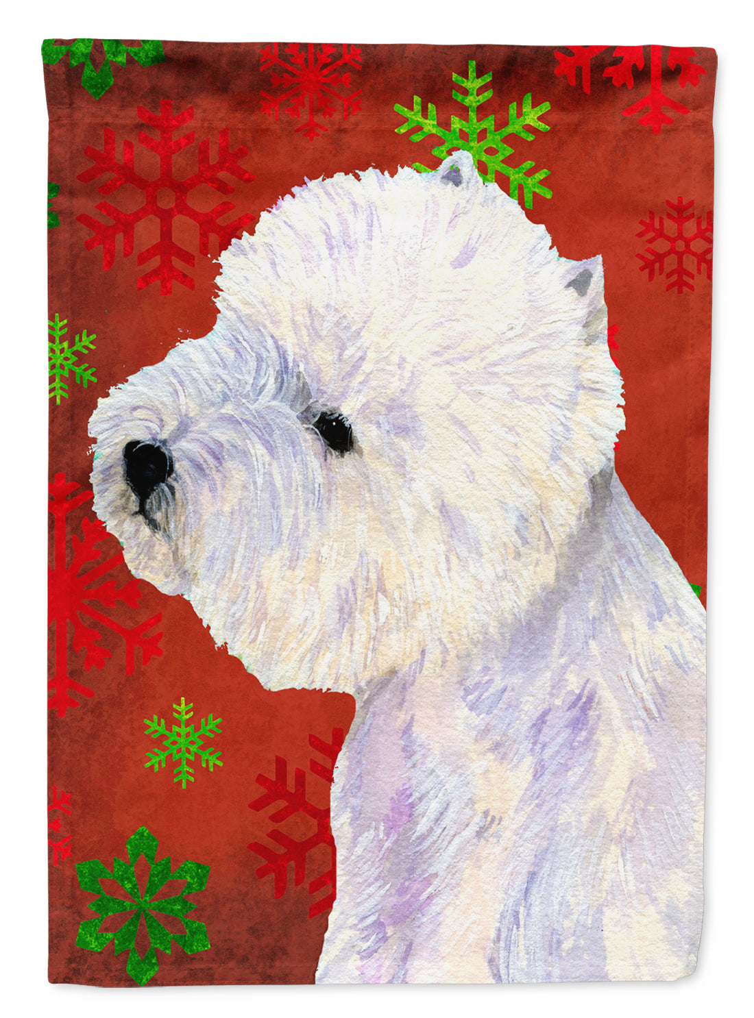 Westie Red and Green Snowflakes Holiday Christmas Flag Canvas House Size  the-store.com.