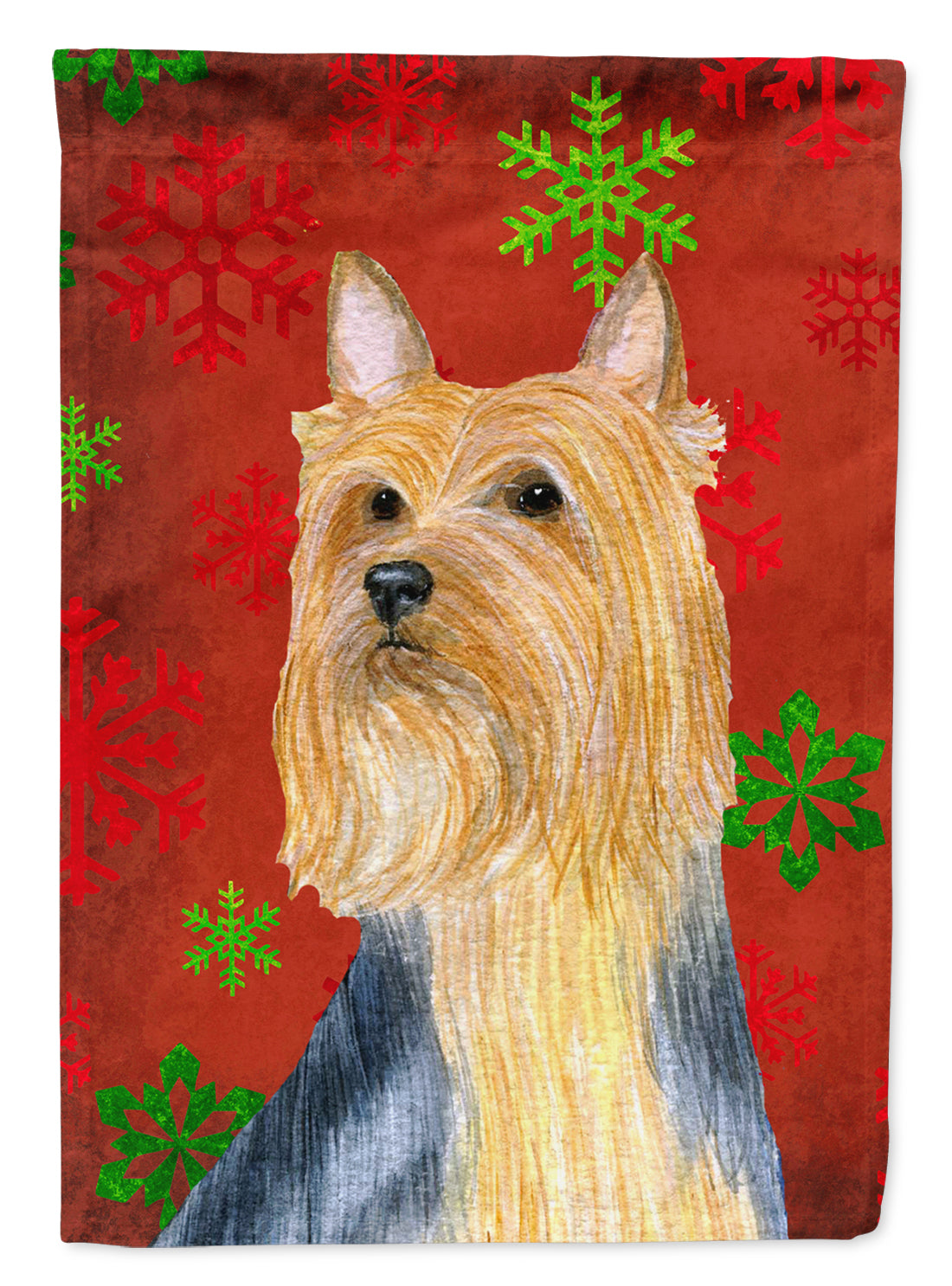 Silky Terrier Red and Green Snowflakes Holiday Christmas Flag Canvas House Size  the-store.com.