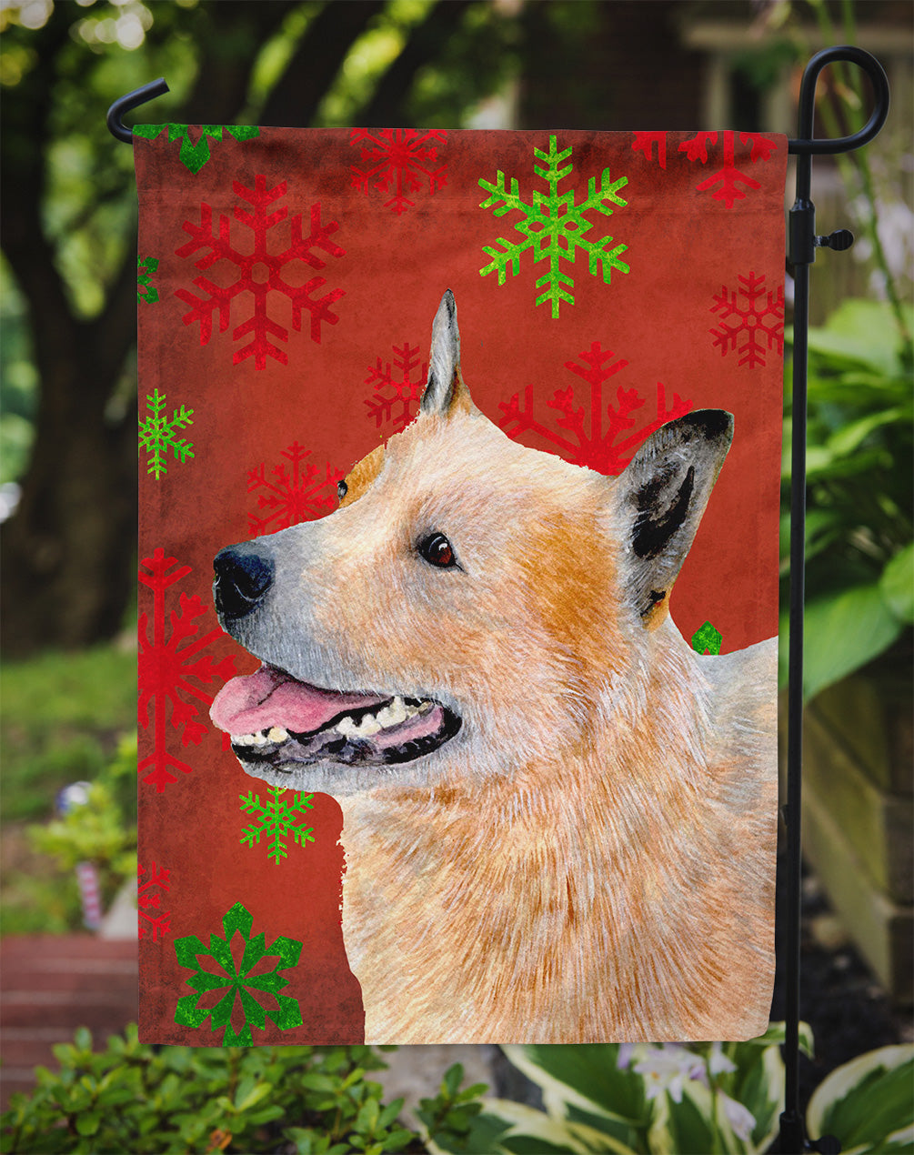 Australian Cattle Dog Red Green Snowflakes Christmas Flag Garden Size.