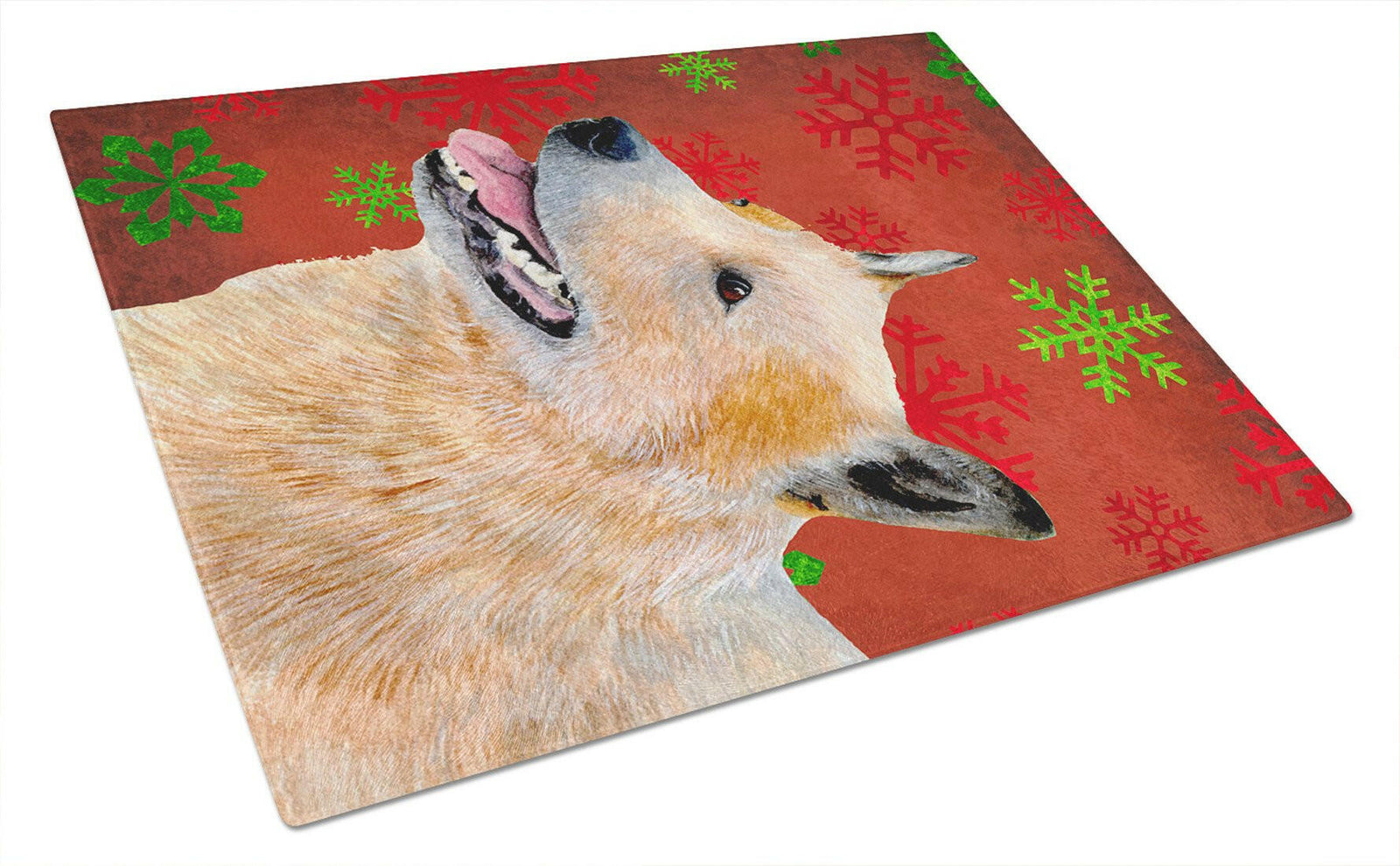 Australian Cattle Dog Red Green Snowflakes Christmas Glass Cutting Board Large by Caroline's Treasures