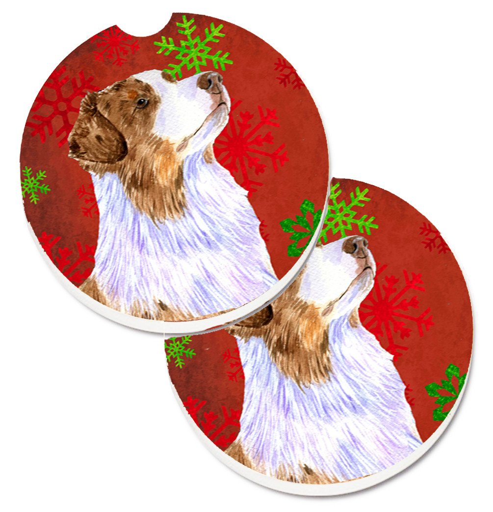 Australian Shepherd Red Green Snowflakes Christmas Set of 2 Cup Holder Car Coasters LH9318CARC by Caroline&#39;s Treasures