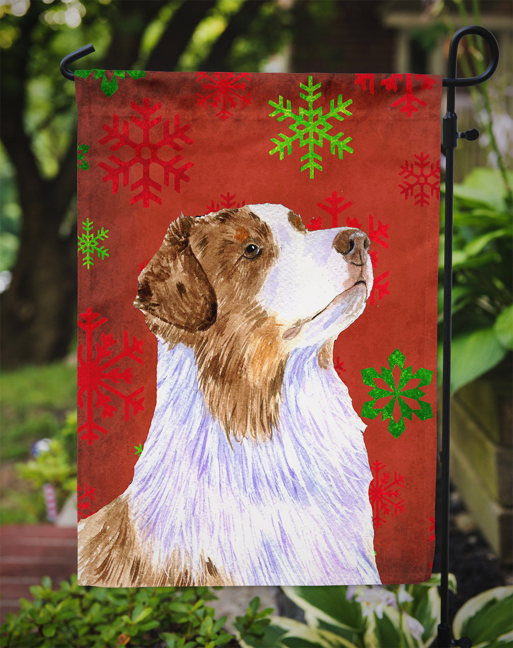 Australian Shepherd Red Green Snowflakes Christmas Flag Garden Size.