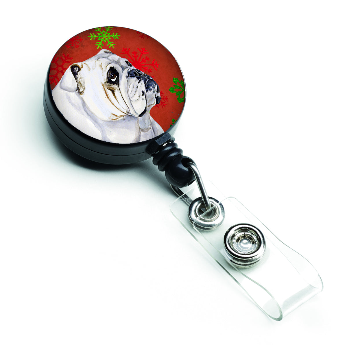 Bulldog English Red and Green Snowflakes Holiday Christmas Retractable Badge Reel LH9319BR  the-store.com.