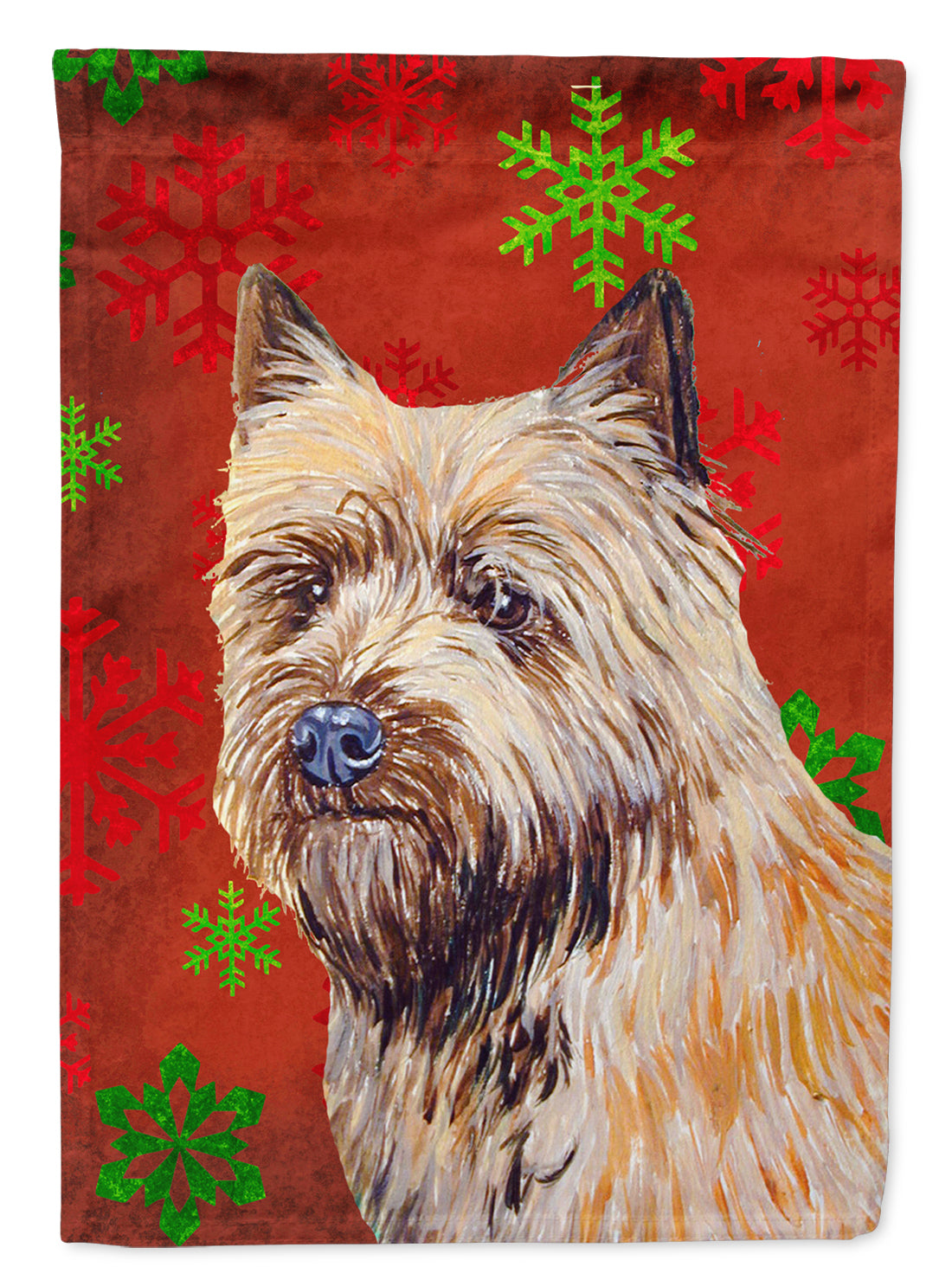 Cairn Terrier Red and Green Snowflakes Holiday Christmas Flag Garden Size.