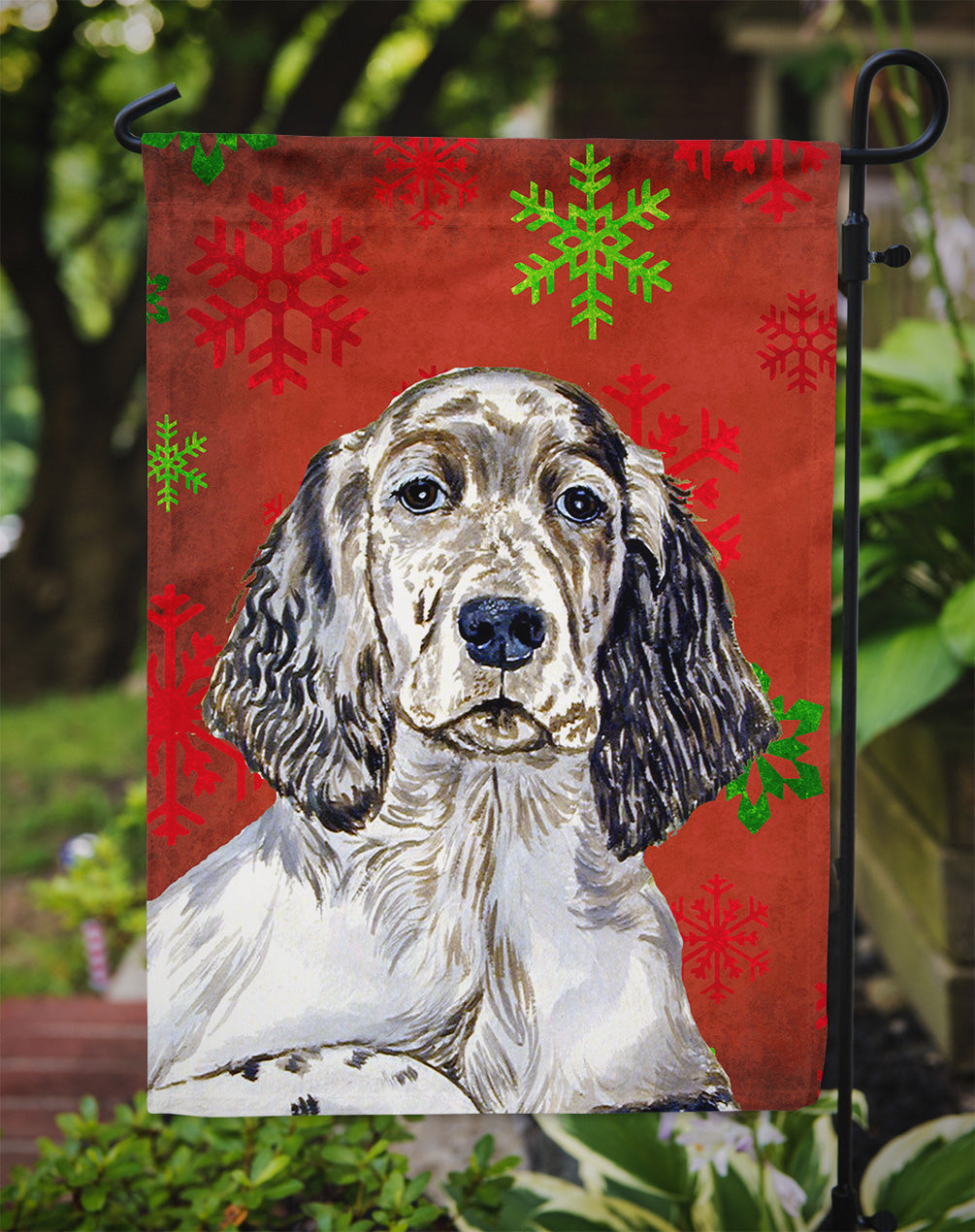 English Setter Red and Green Snowflakes Holiday Christmas Flag Garden Size.