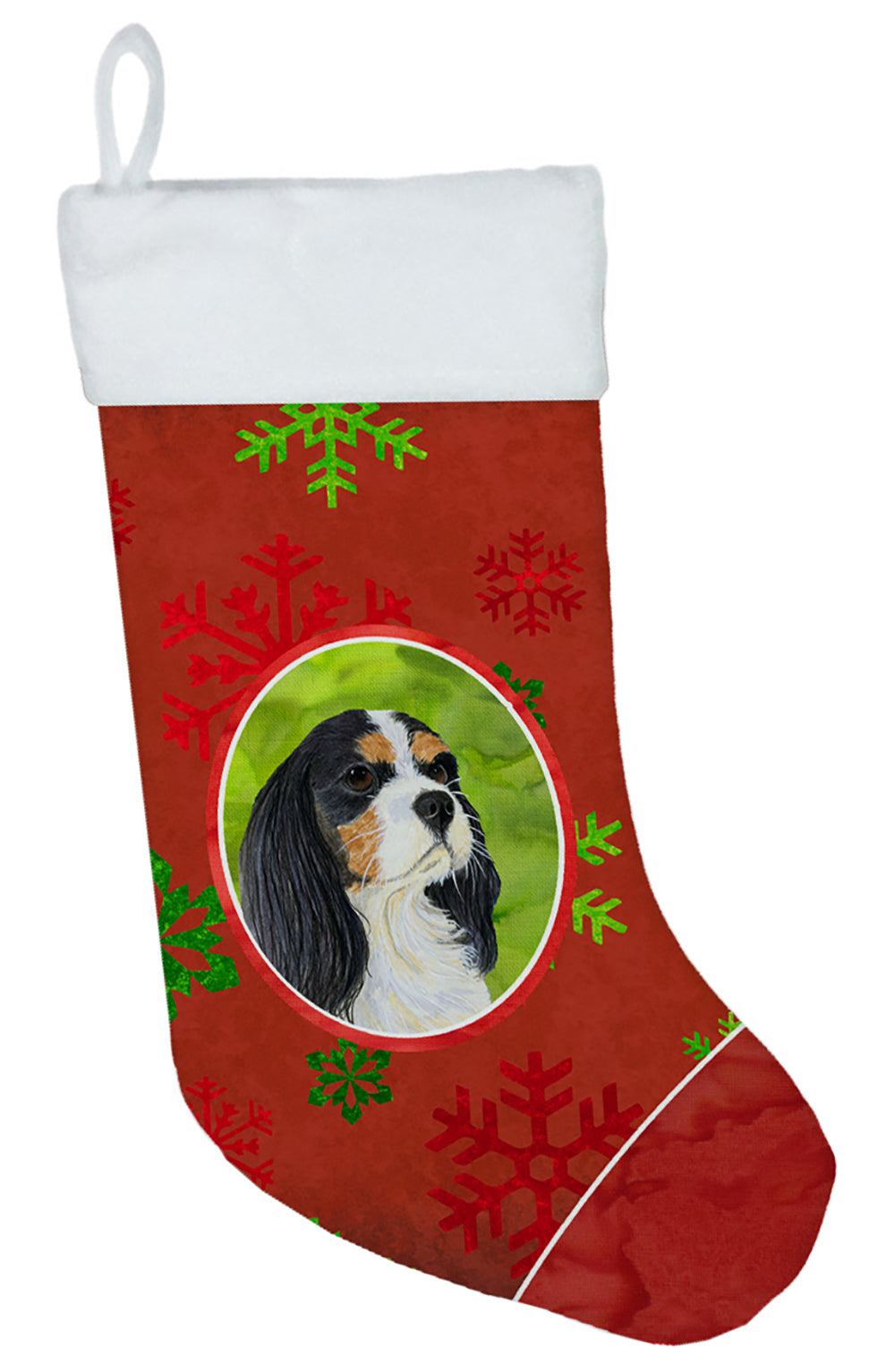 Cavalier Spaniel Red and Green Snowflakes Holiday Christmas Christmas Stocking  the-store.com.