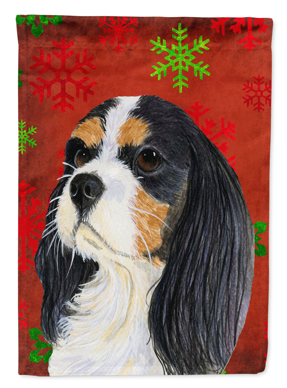 Cavalier Spaniel Red  Green Snowflakes Holiday Christmas Flag Canvas House Size  the-store.com.