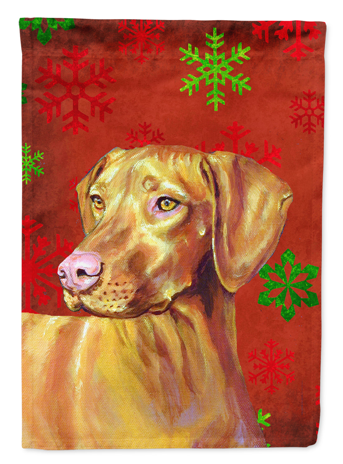 Vizsla Red and Green Snowflakes Holiday Christmas Flag Canvas House Size  the-store.com.