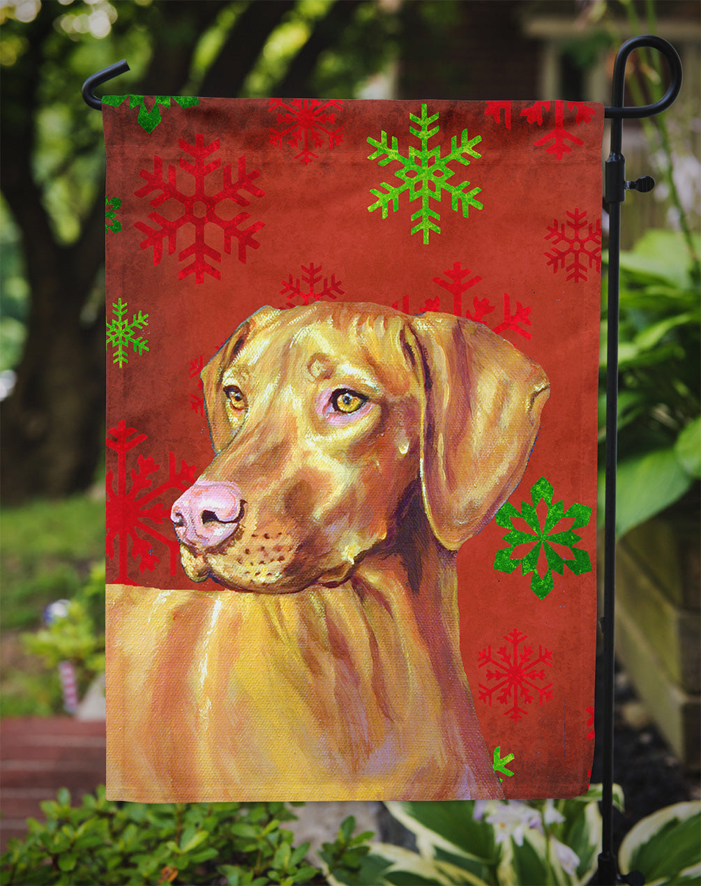 Vizsla Red and Green Snowflakes Holiday Christmas Flag Garden Size.