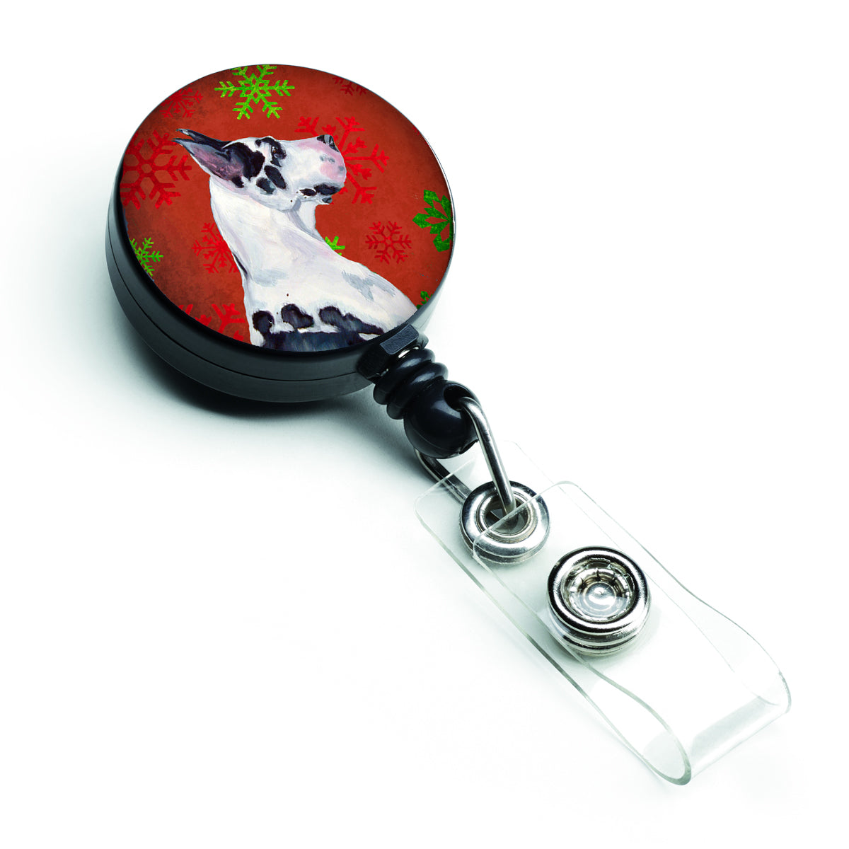 Great Dane Red and Green Snowflakes Holiday Christmas Retractable Badge Reel LH9326BR  the-store.com.