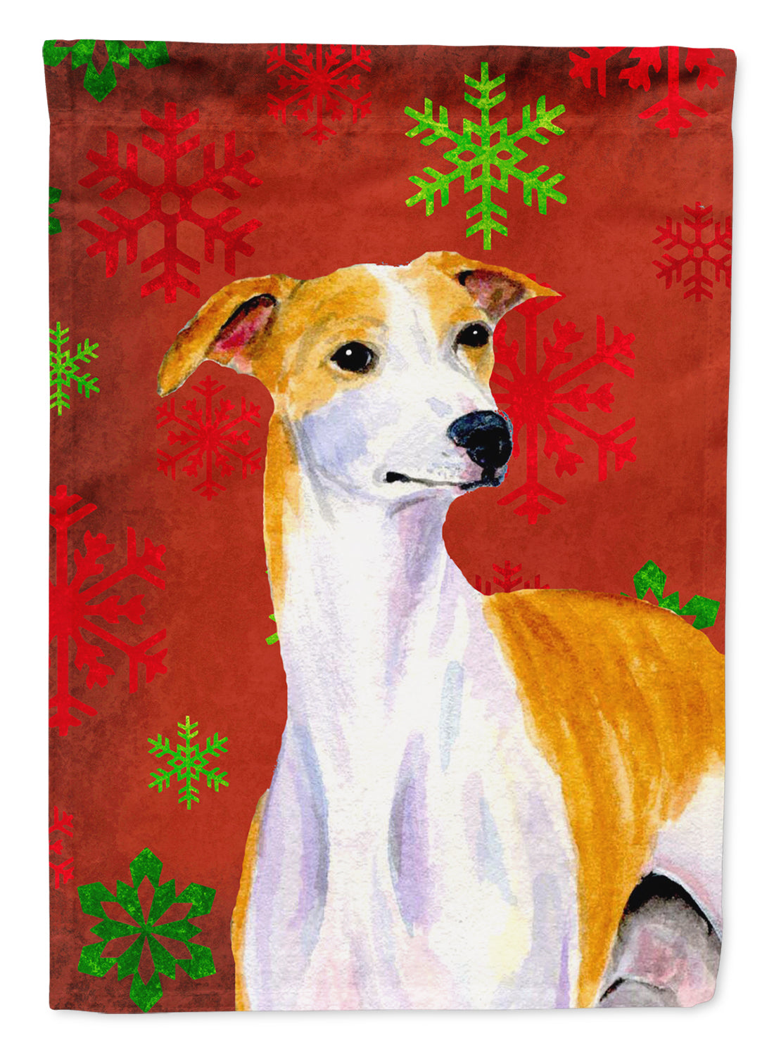 Whippet Red and Green Snowflakes Holiday Christmas Flag Garden Size.