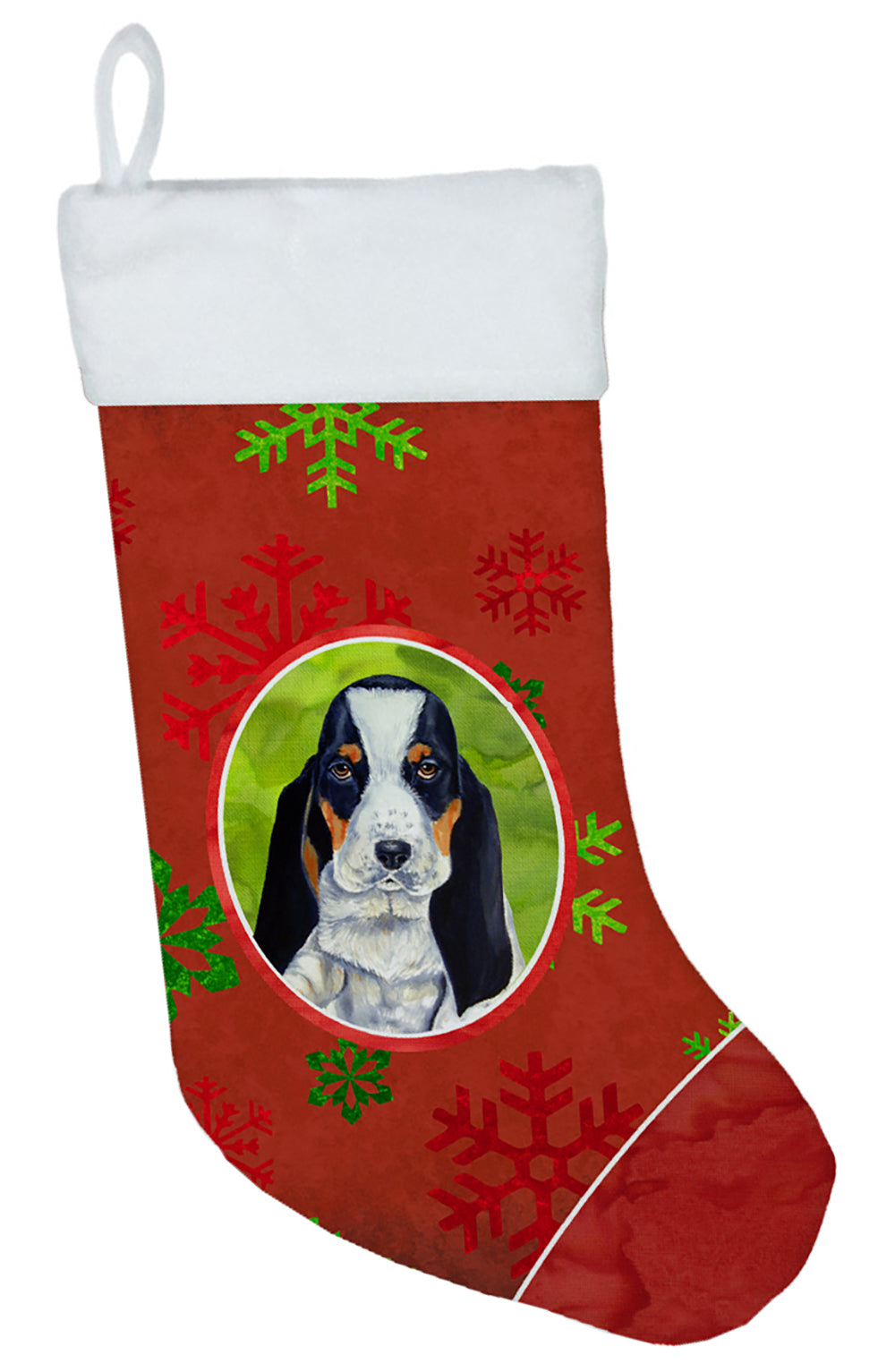 Basset Hound Red and Green Snowflakes Holiday Christmas Christmas Stocking  the-store.com.