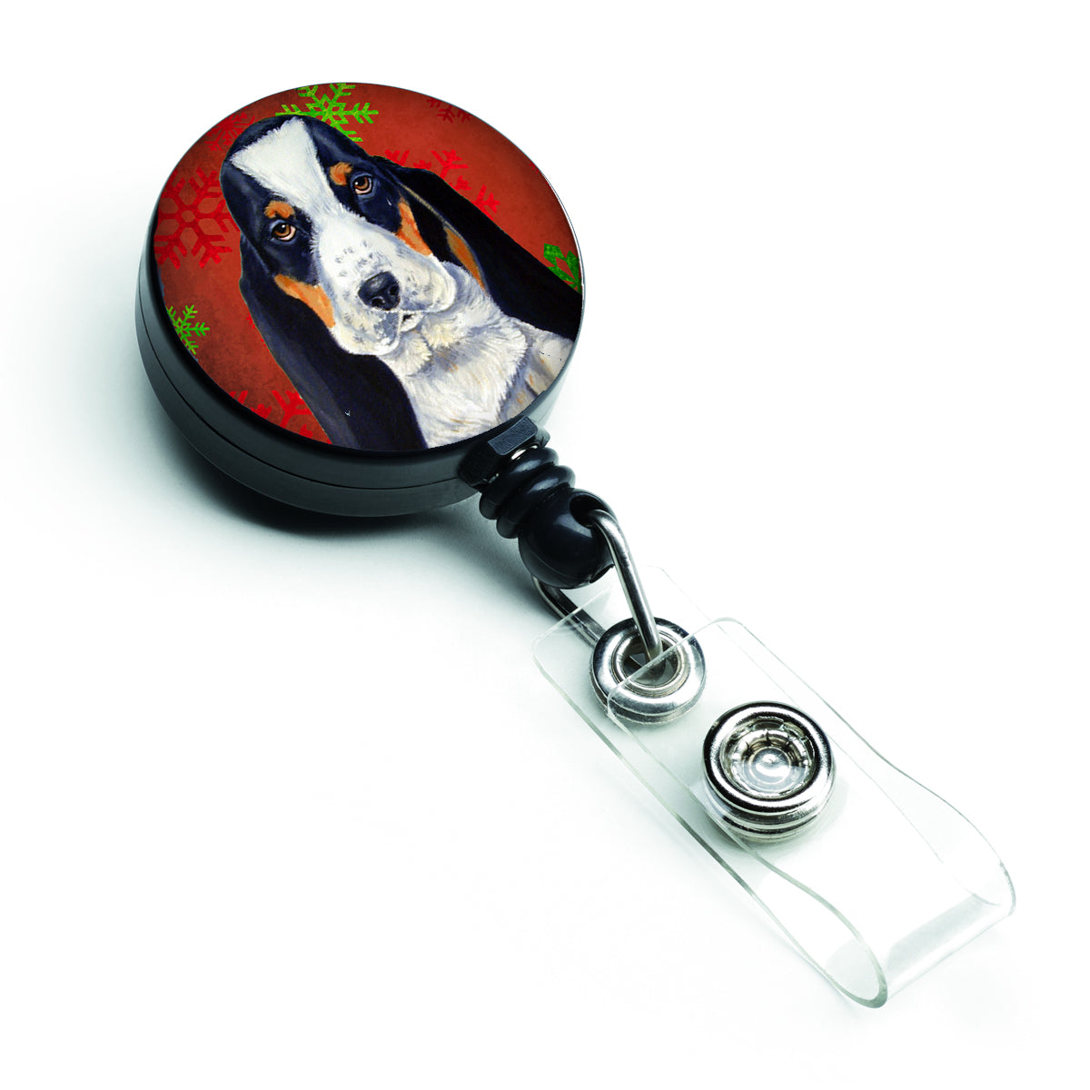Basset Hound Red and Green Snowflakes Holiday Christmas Retractable Badge Reel LH9329BR  the-store.com.