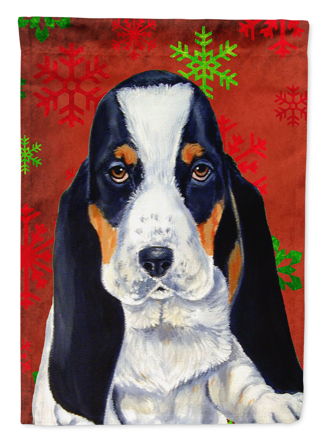 Basset Hound Red and Green Snowflakes Holiday Christmas Flag Canvas House Size  the-store.com.