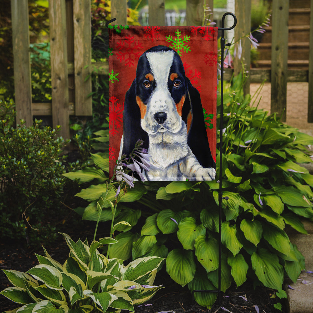 Basset Hound Red and Green Snowflakes Holiday Christmas Flag Garden Size.