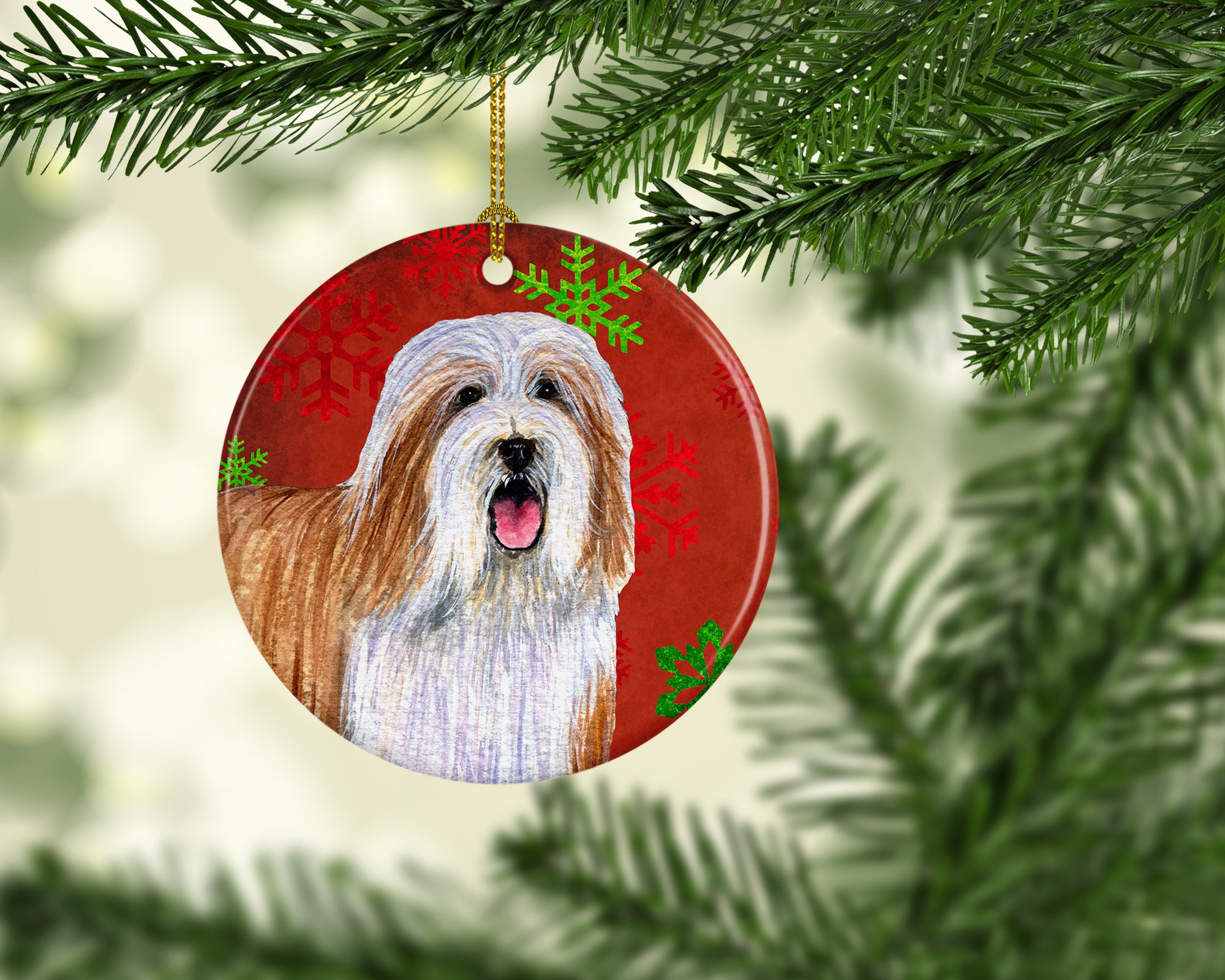 Bearded Collie Red Snowflake Holiday Christmas Ceramic Ornament LH9330 - the-store.com